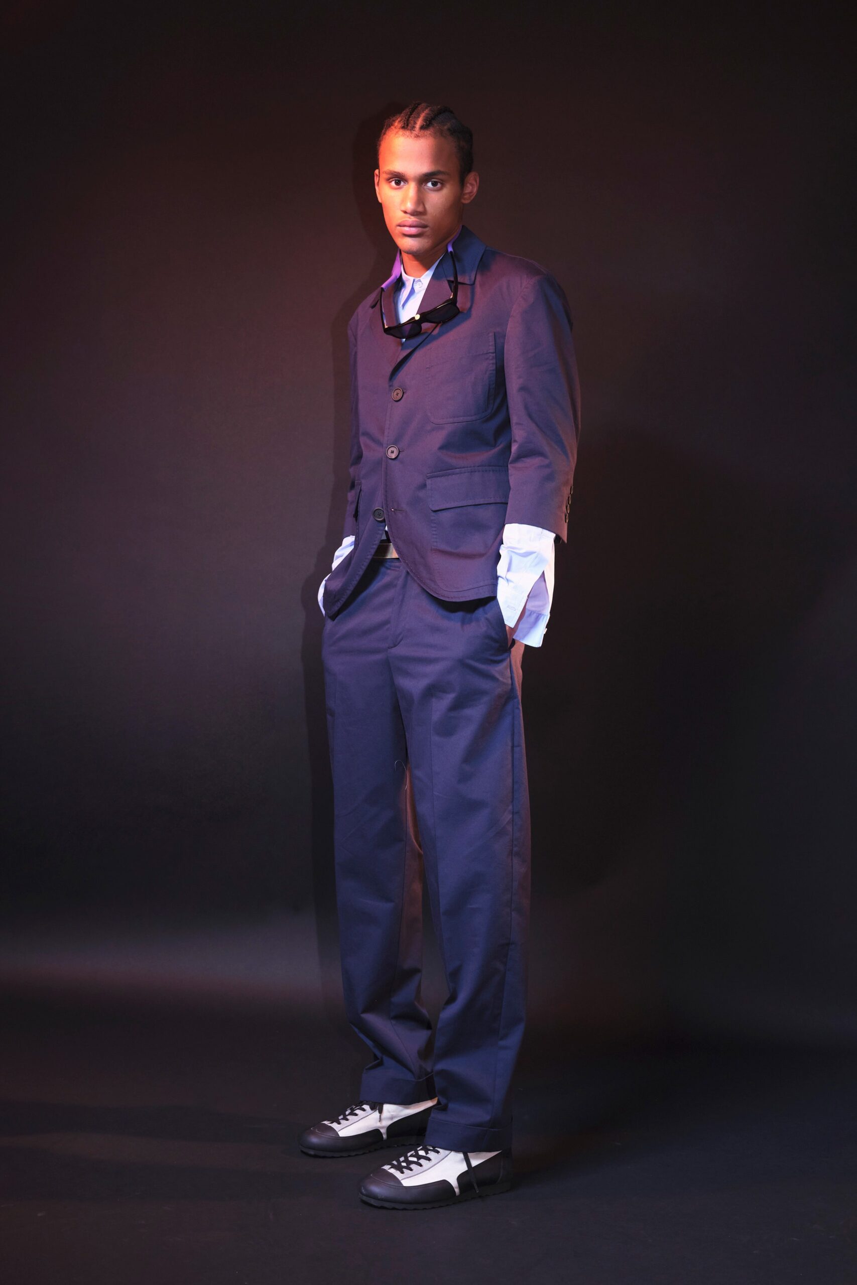 blue tailored suit with relaxed pants