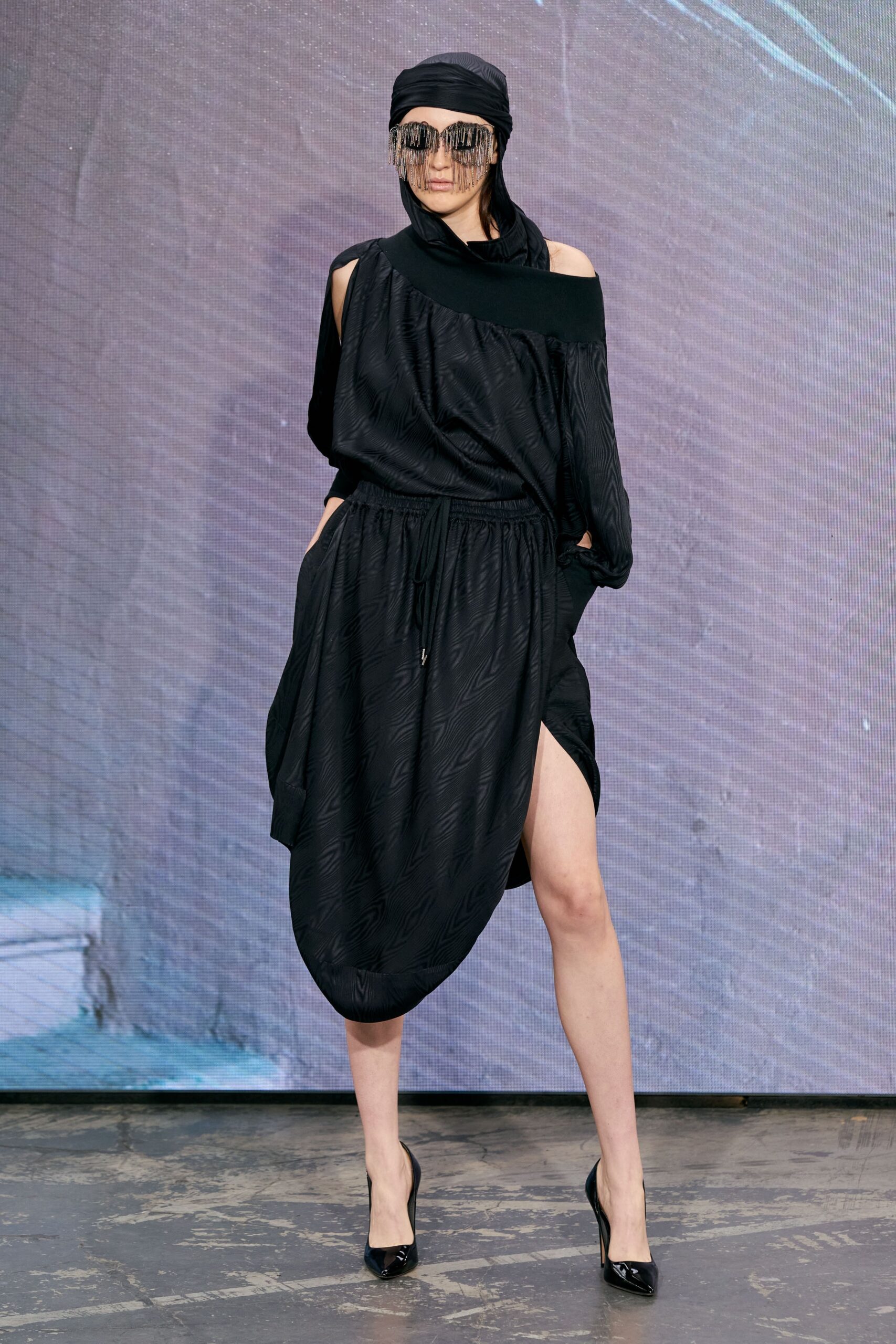 black silk off-shoulder long-sleeve relaxed draped midi dress