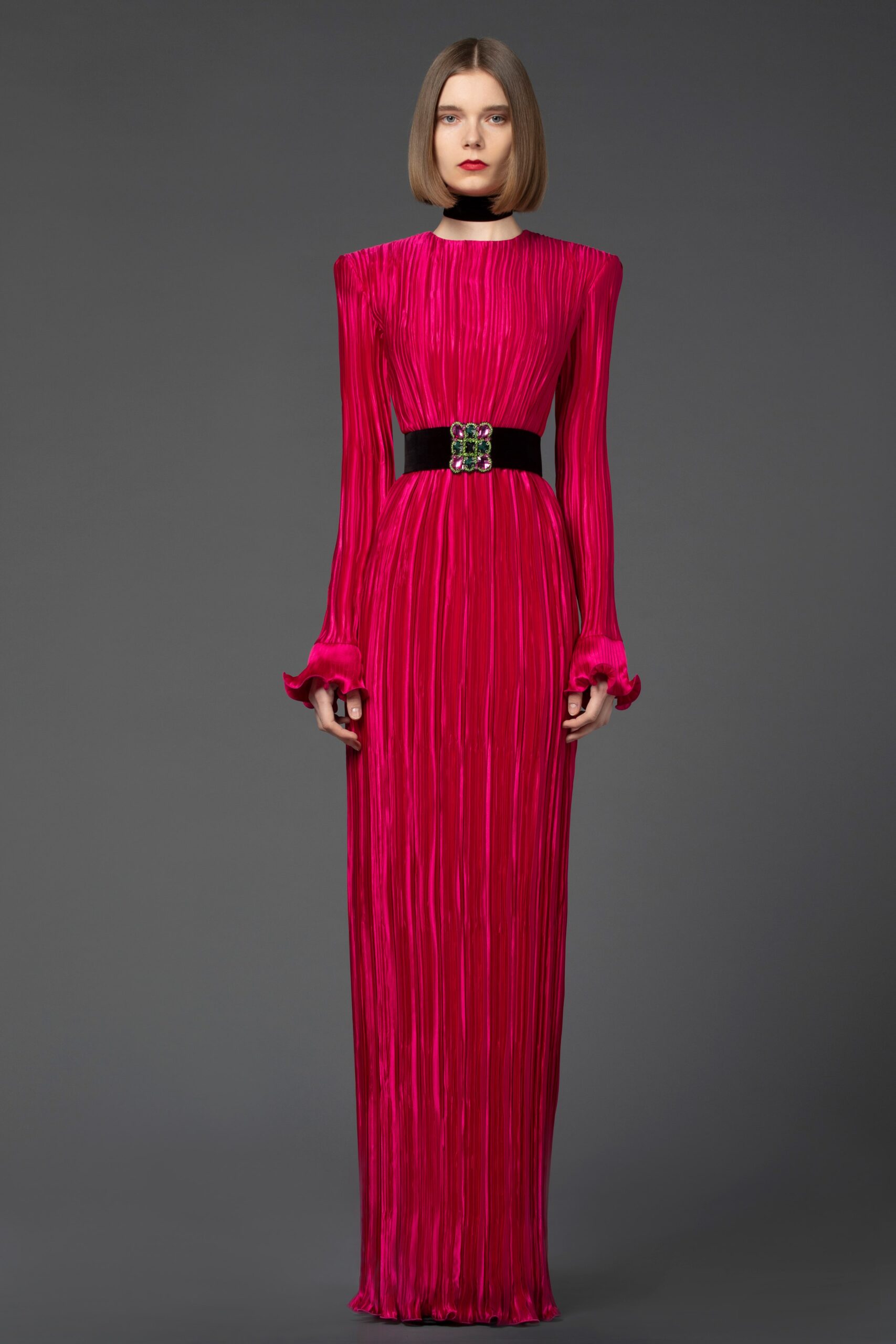 fitted pink silk pleated gown