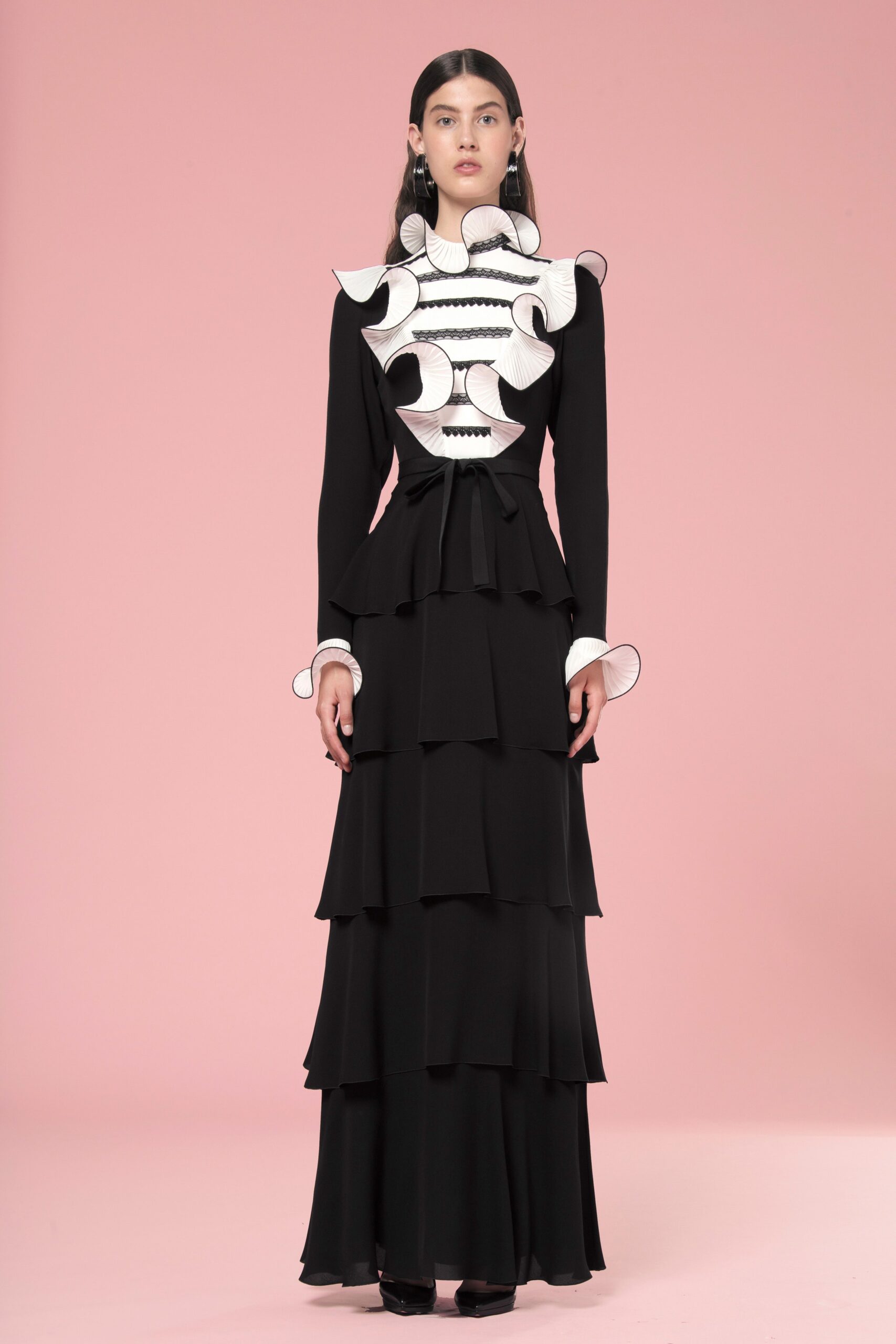 black silk ruffled gown