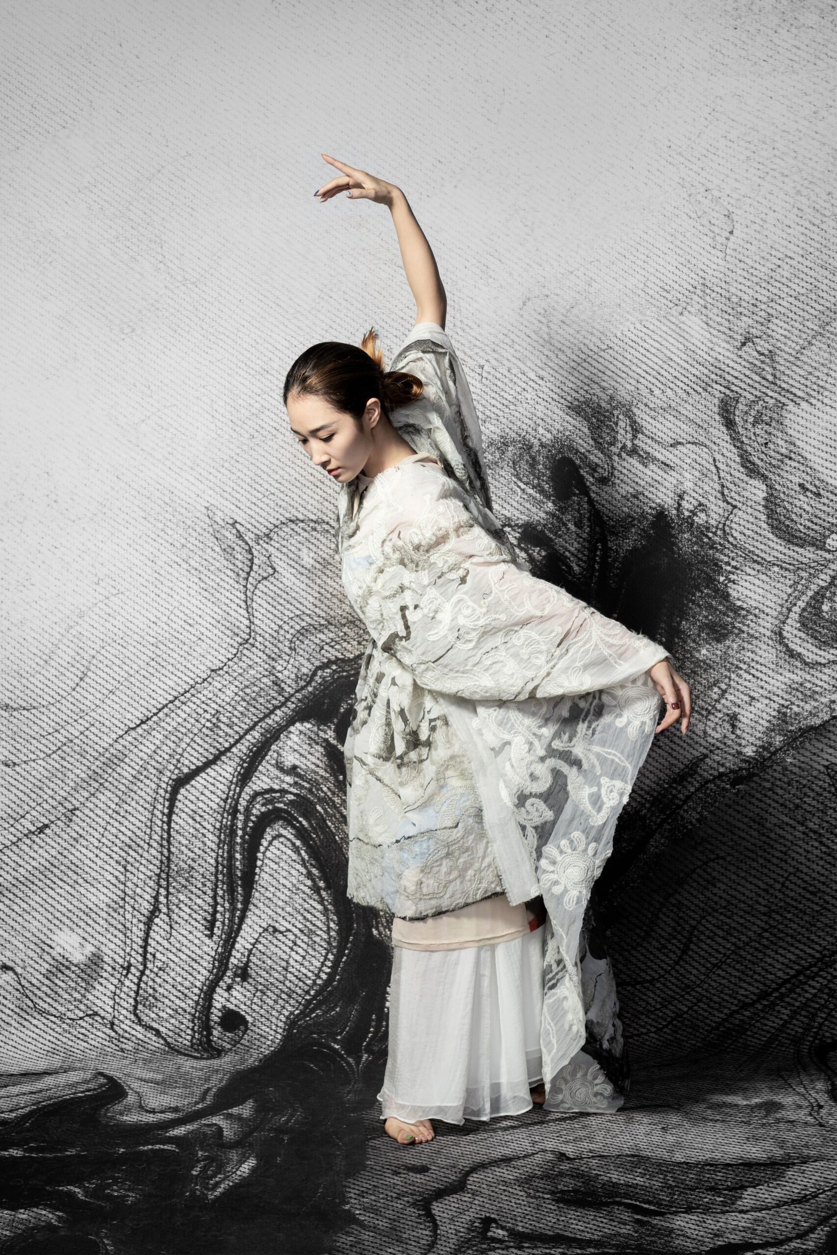 white lace midi dress with gray cape