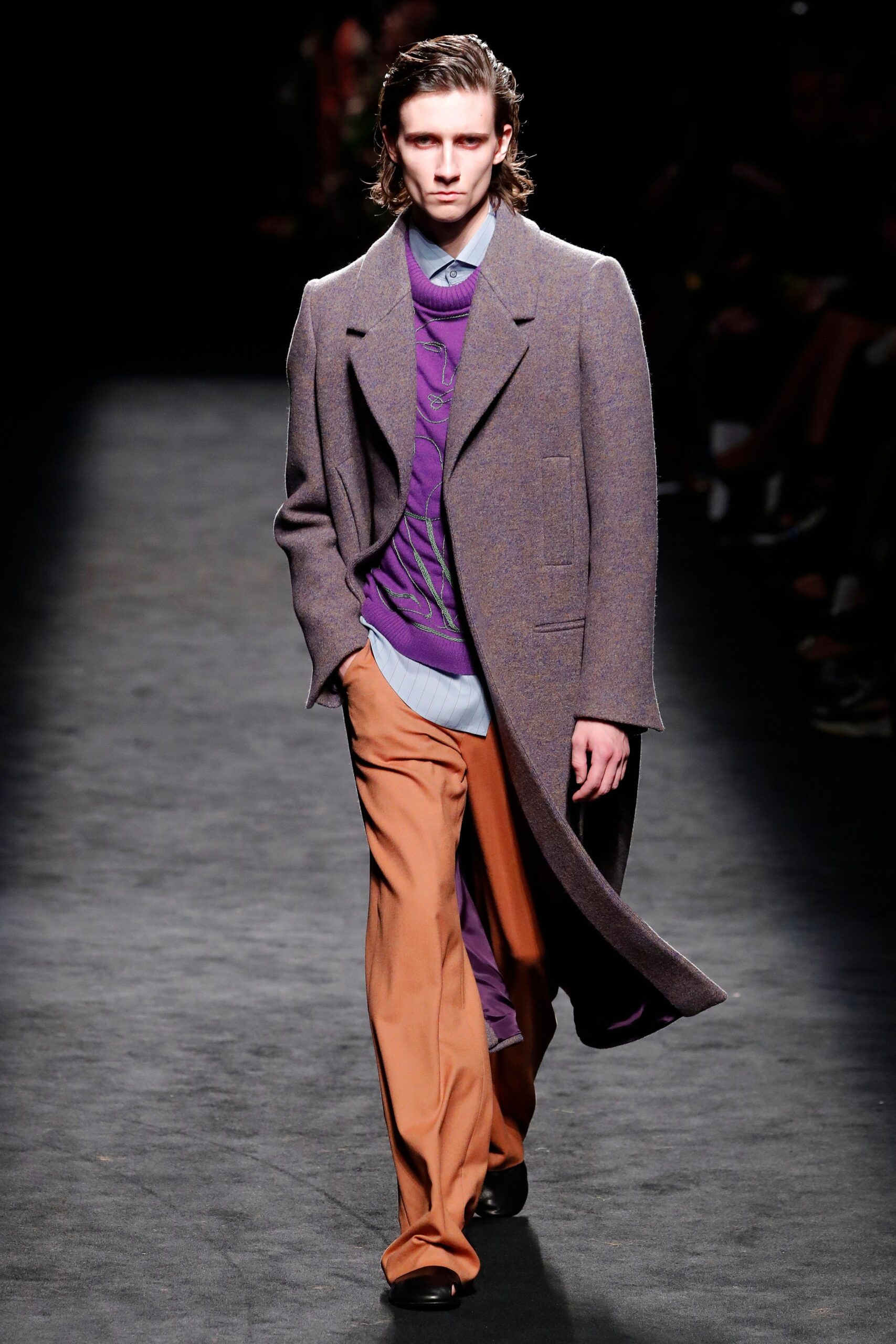 gray wool tailored coat with purple sweater