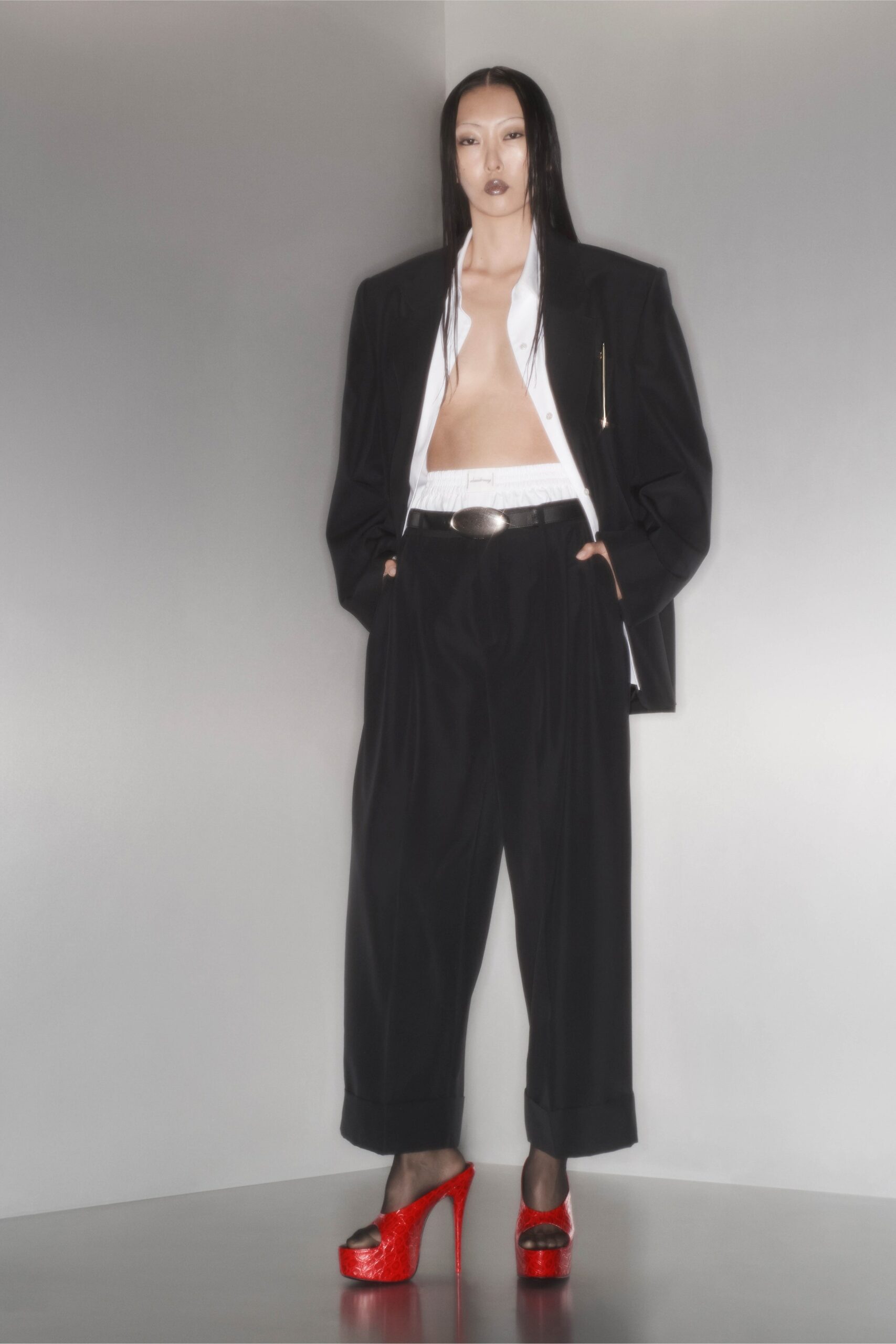 oversized black blazer with wide-leg pants
