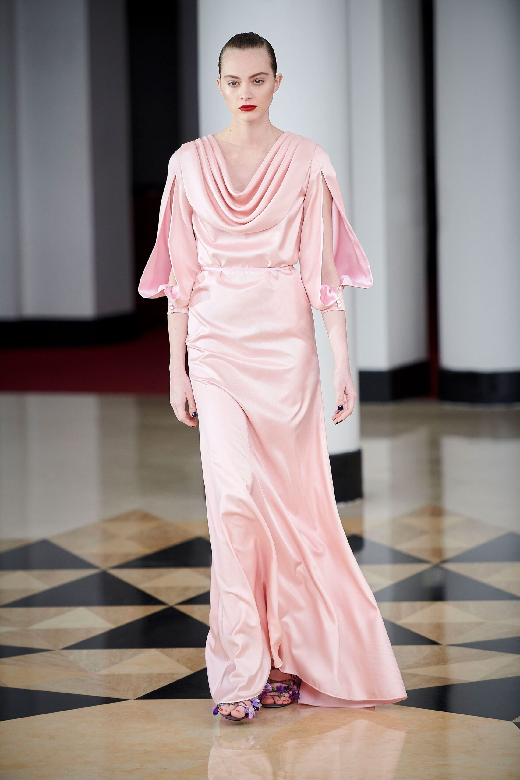 pink silk draped gown