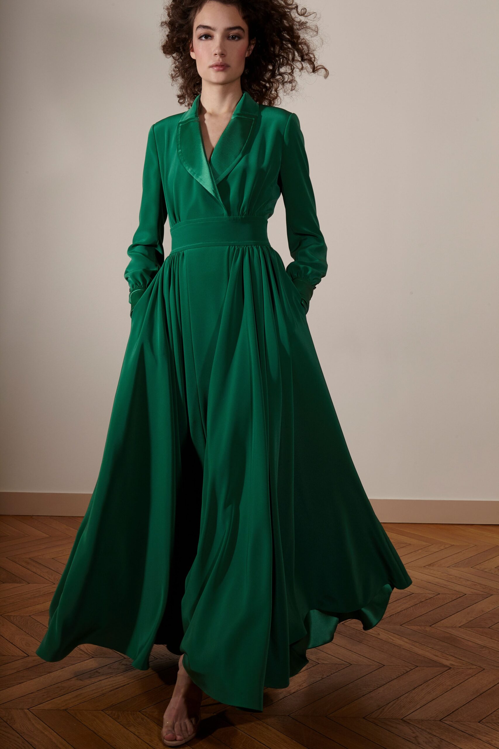 green silk long-sleeve dress