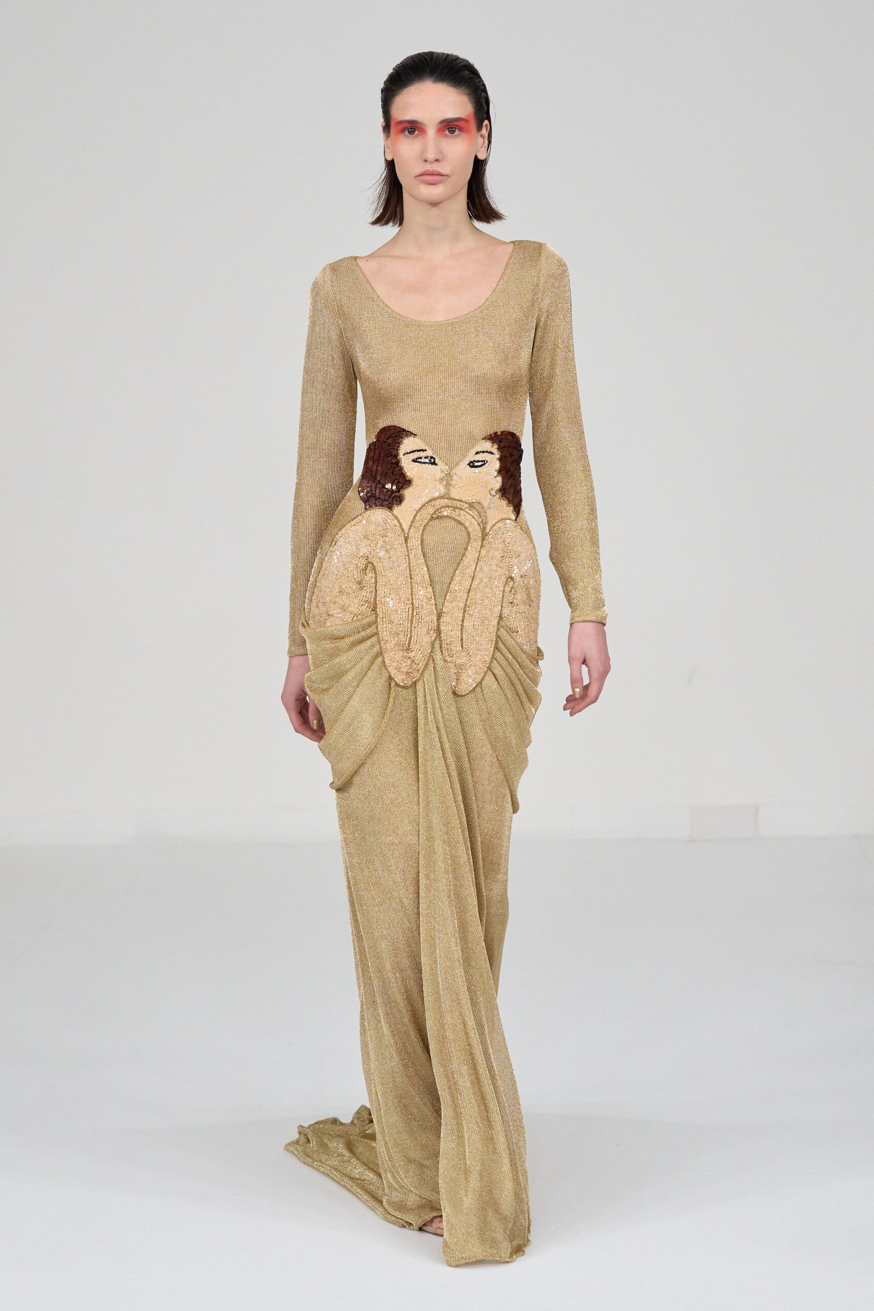 gold fitted long-sleeve gown
