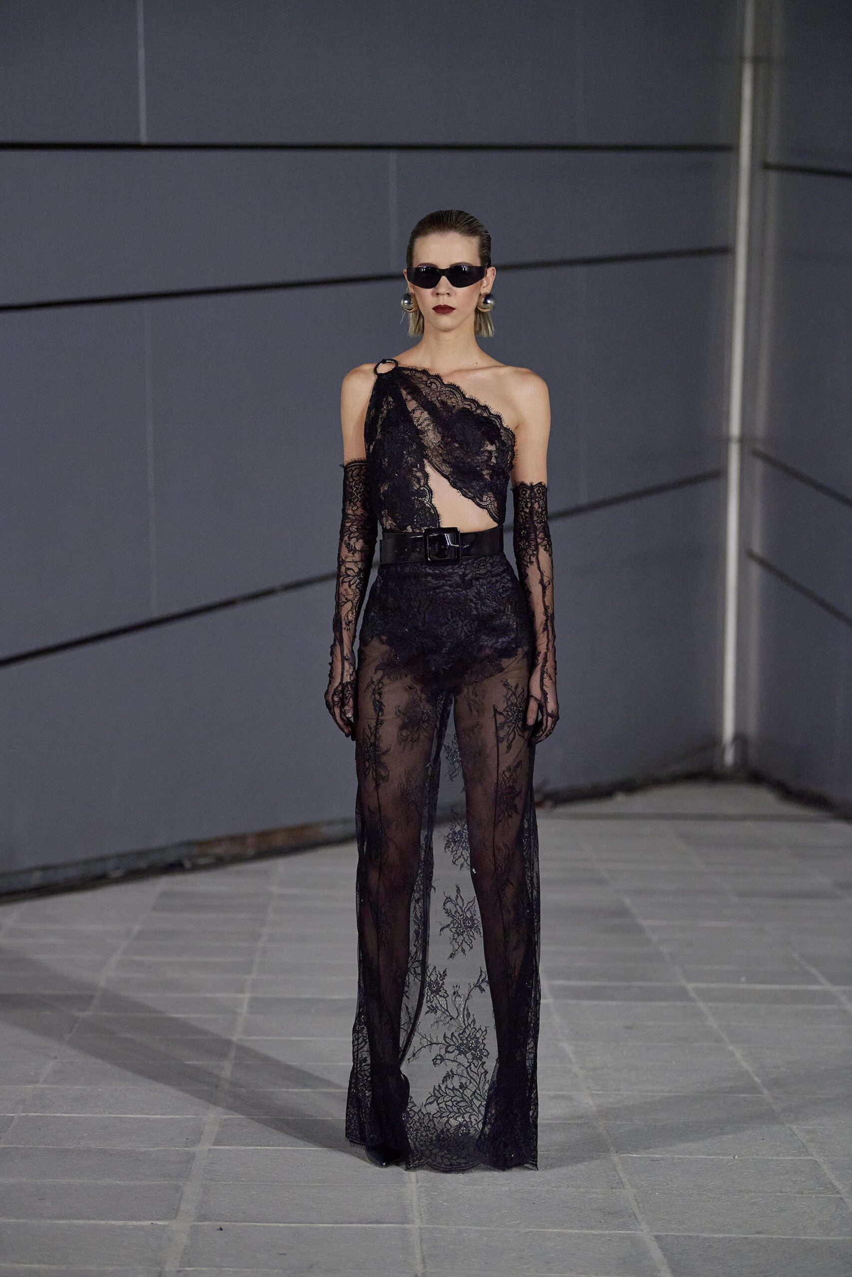 black lace off-shoulder gown