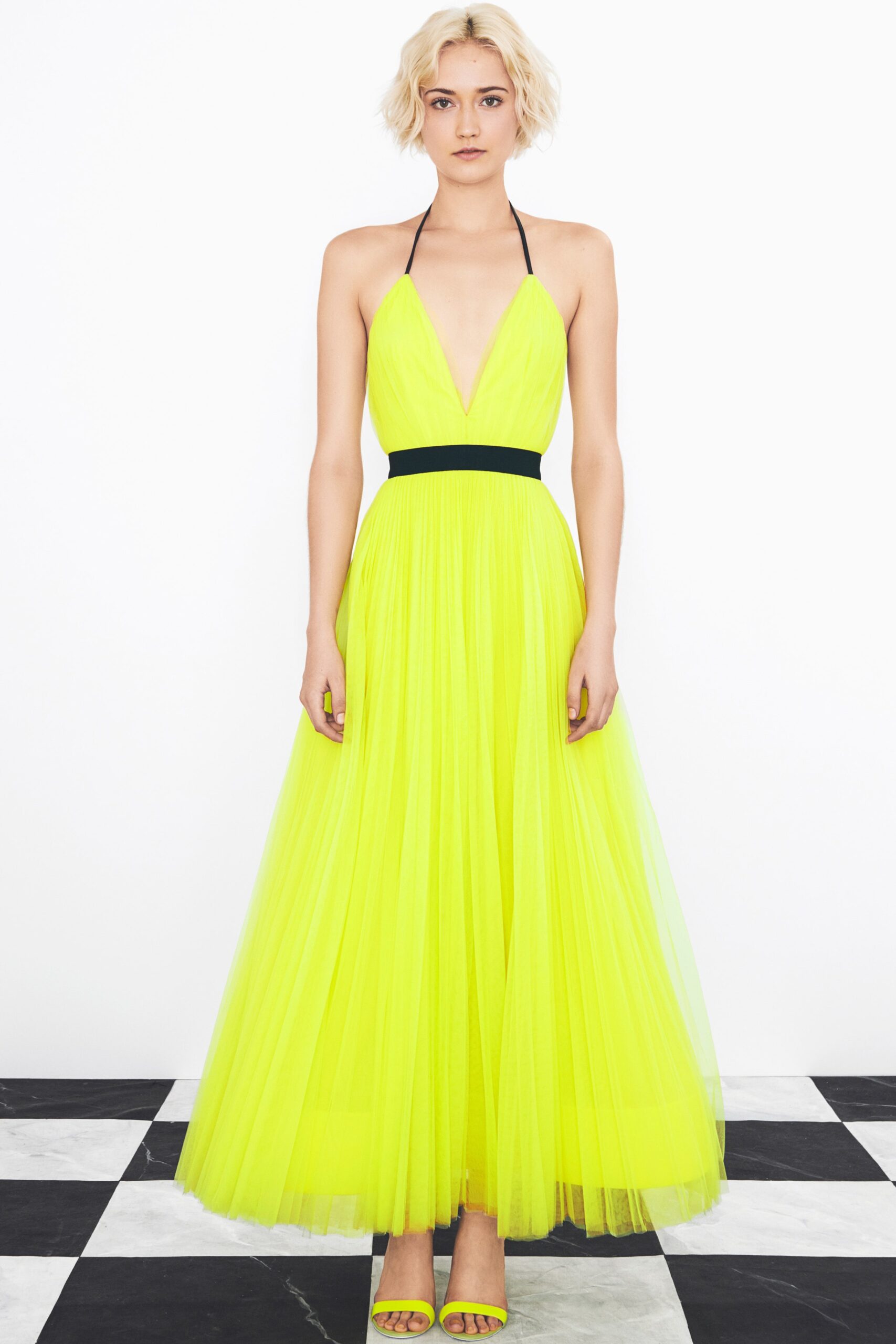 yellow tulle maxi gown