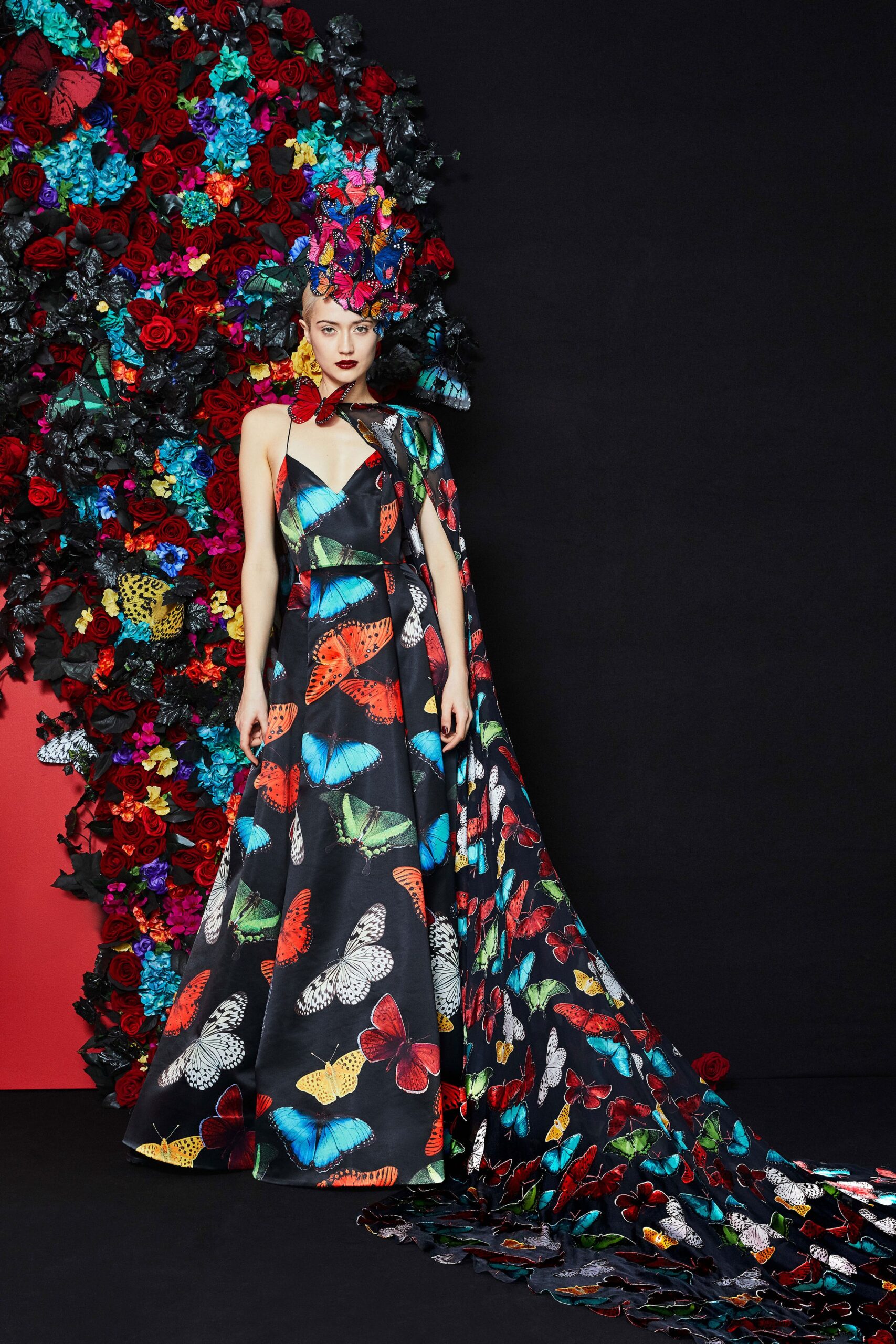 black multi-colored silk gown with cape