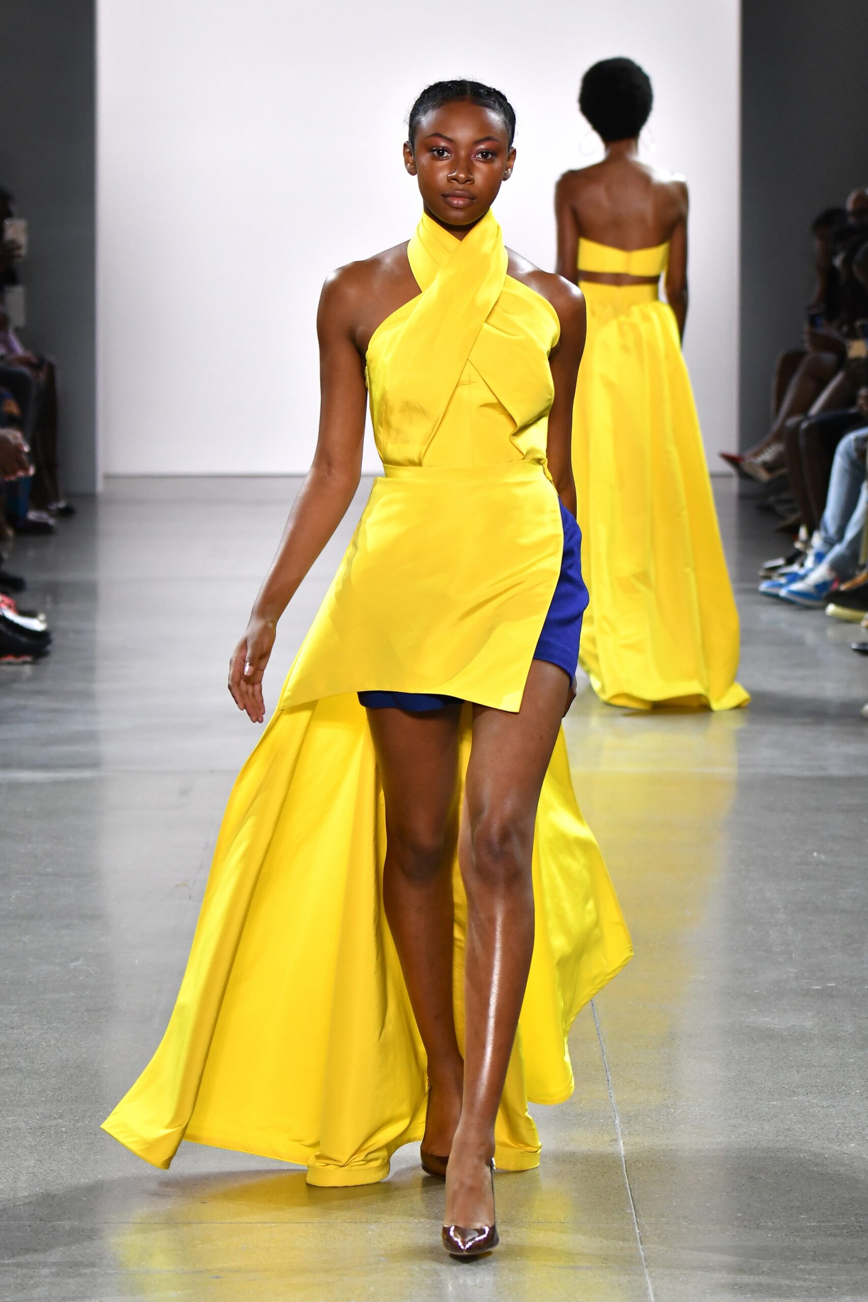 yellow asymmetric halterneck dress