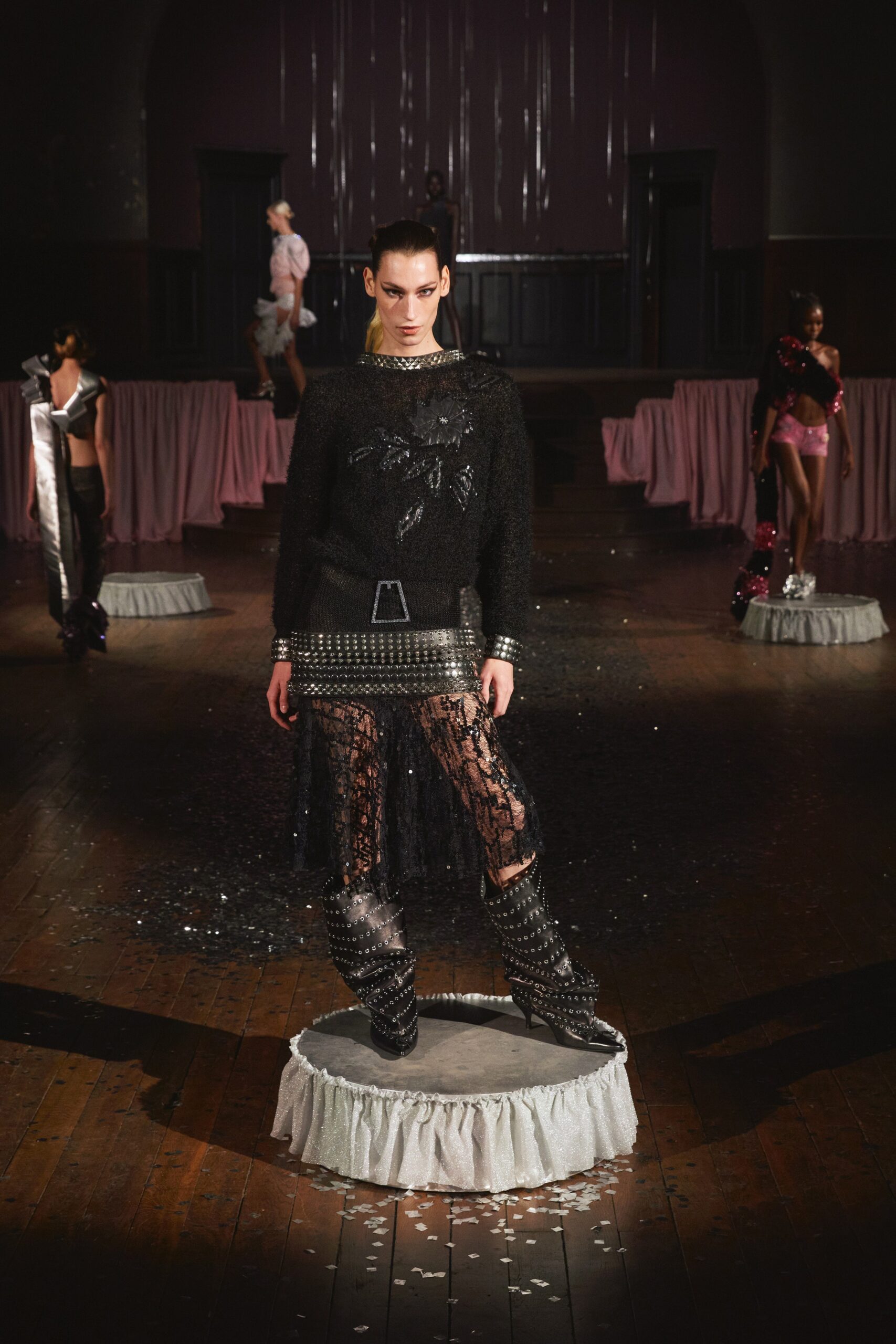 black knit top with lace skirt