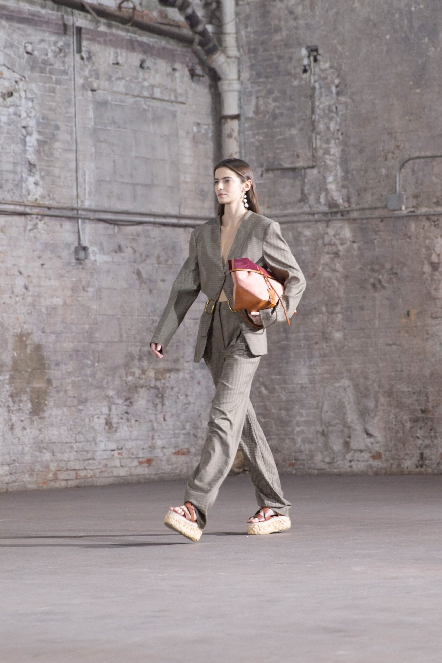 beige tailored suit with platform shoes