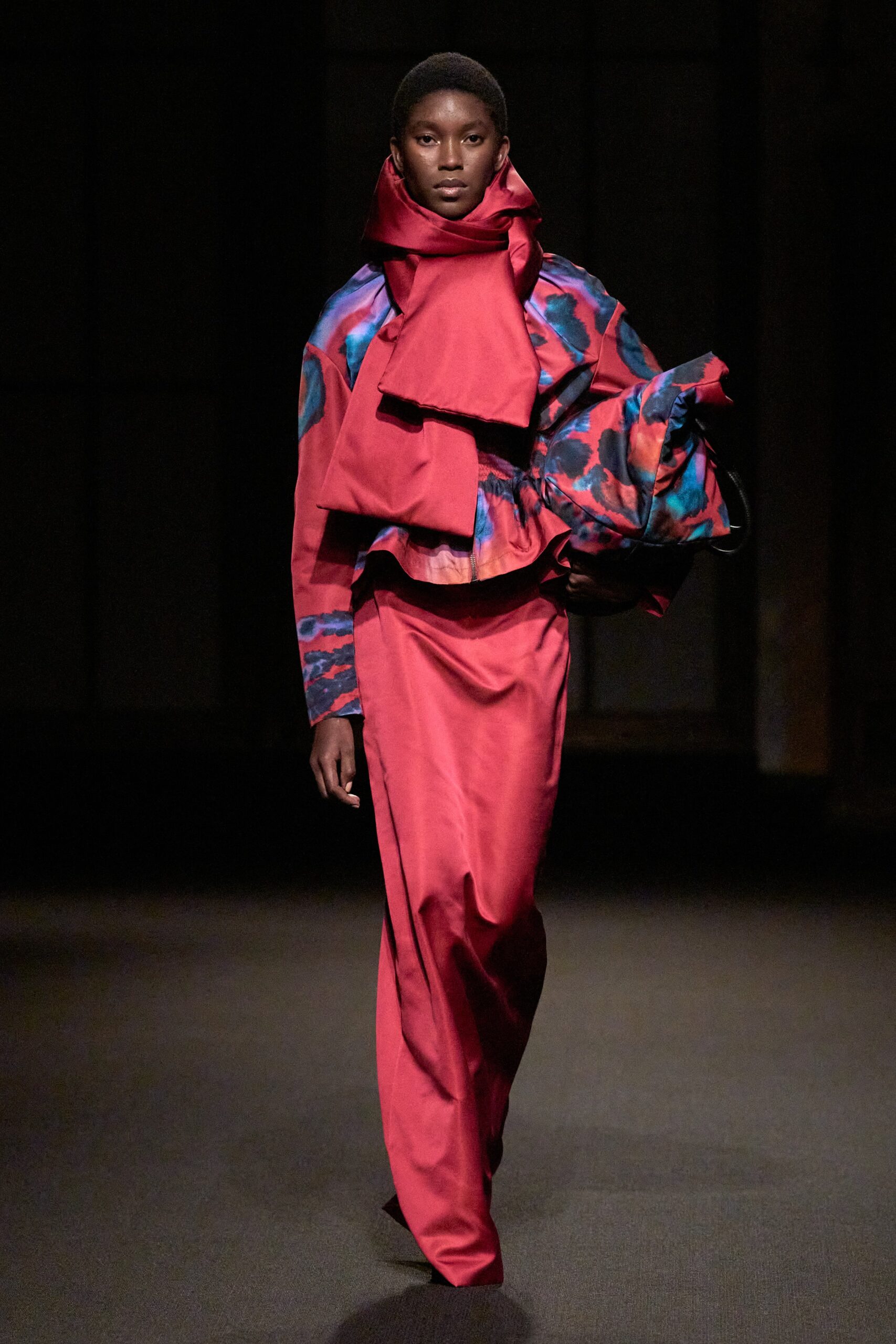 red silk midi dress with ruffled jacket