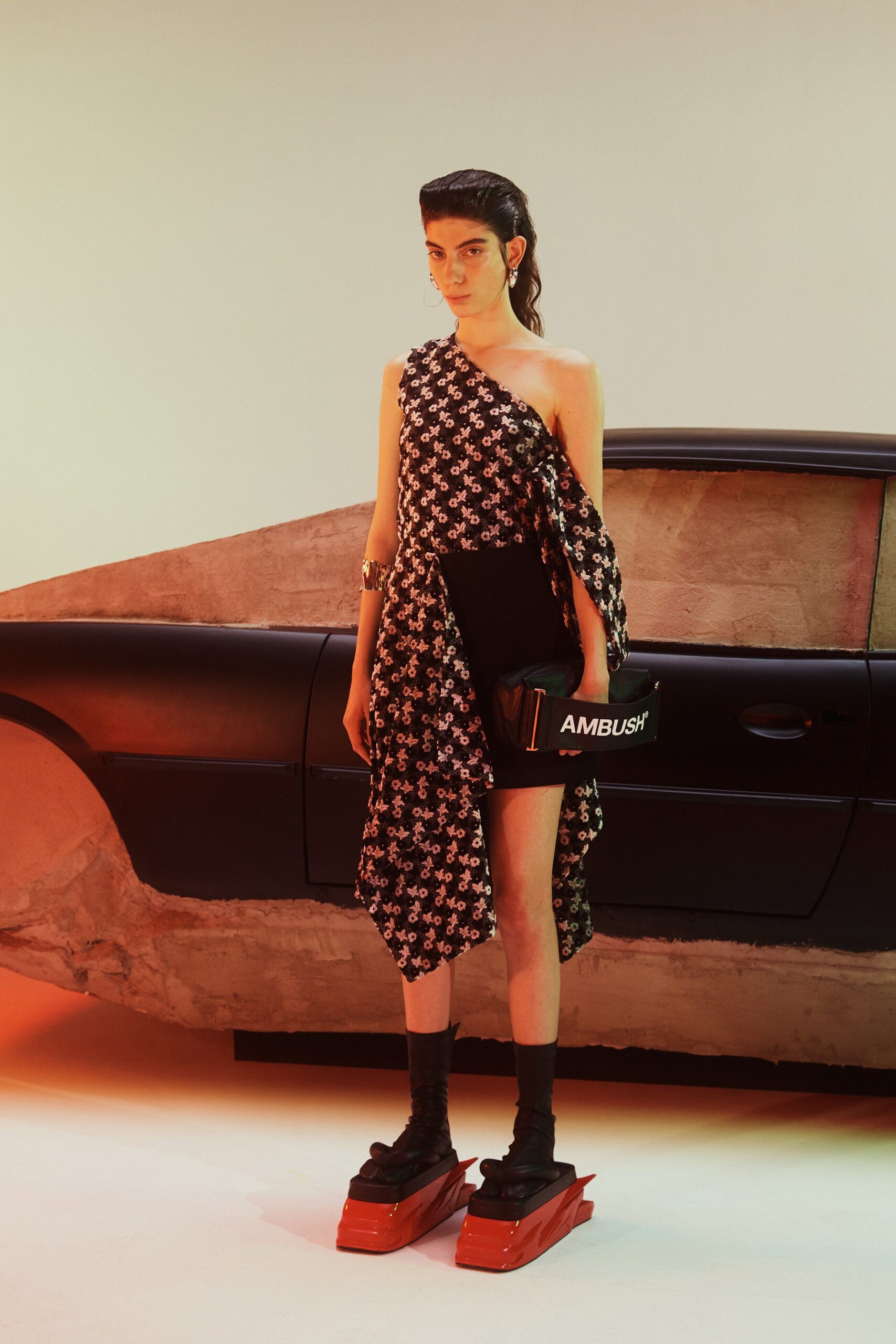 black and white floral asymmetric dress