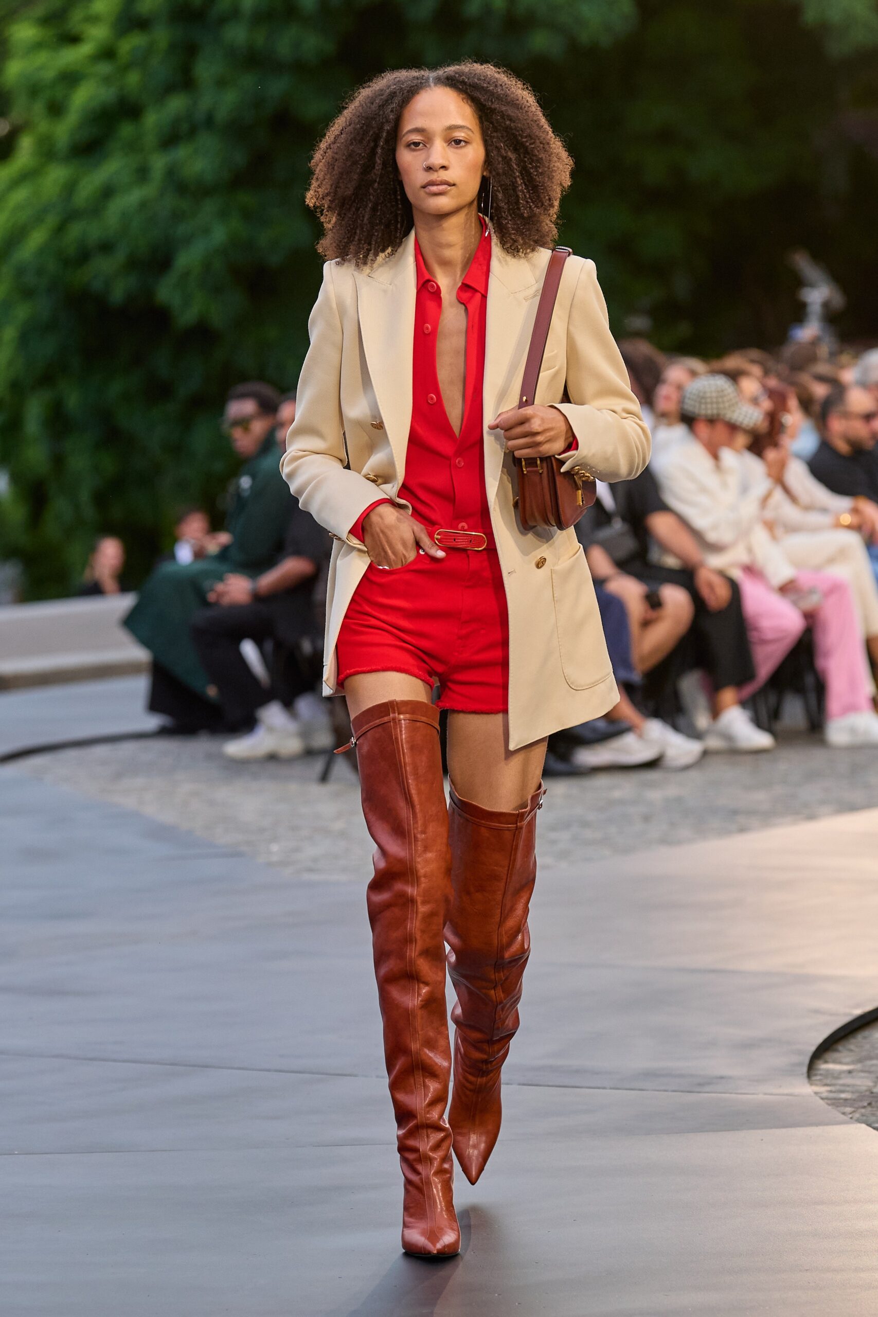 beige blazer red romper