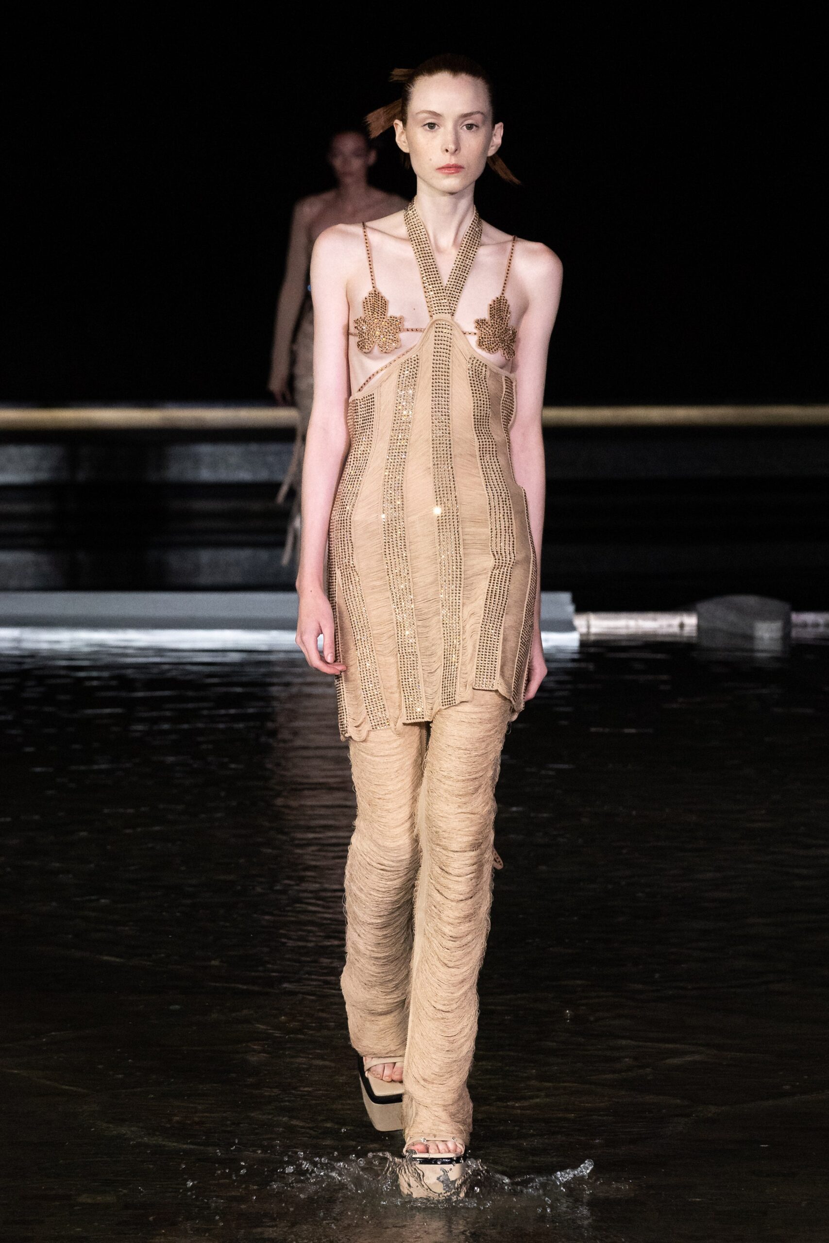 beige silk sleeveless v-neck fitted embroidered tiered dress