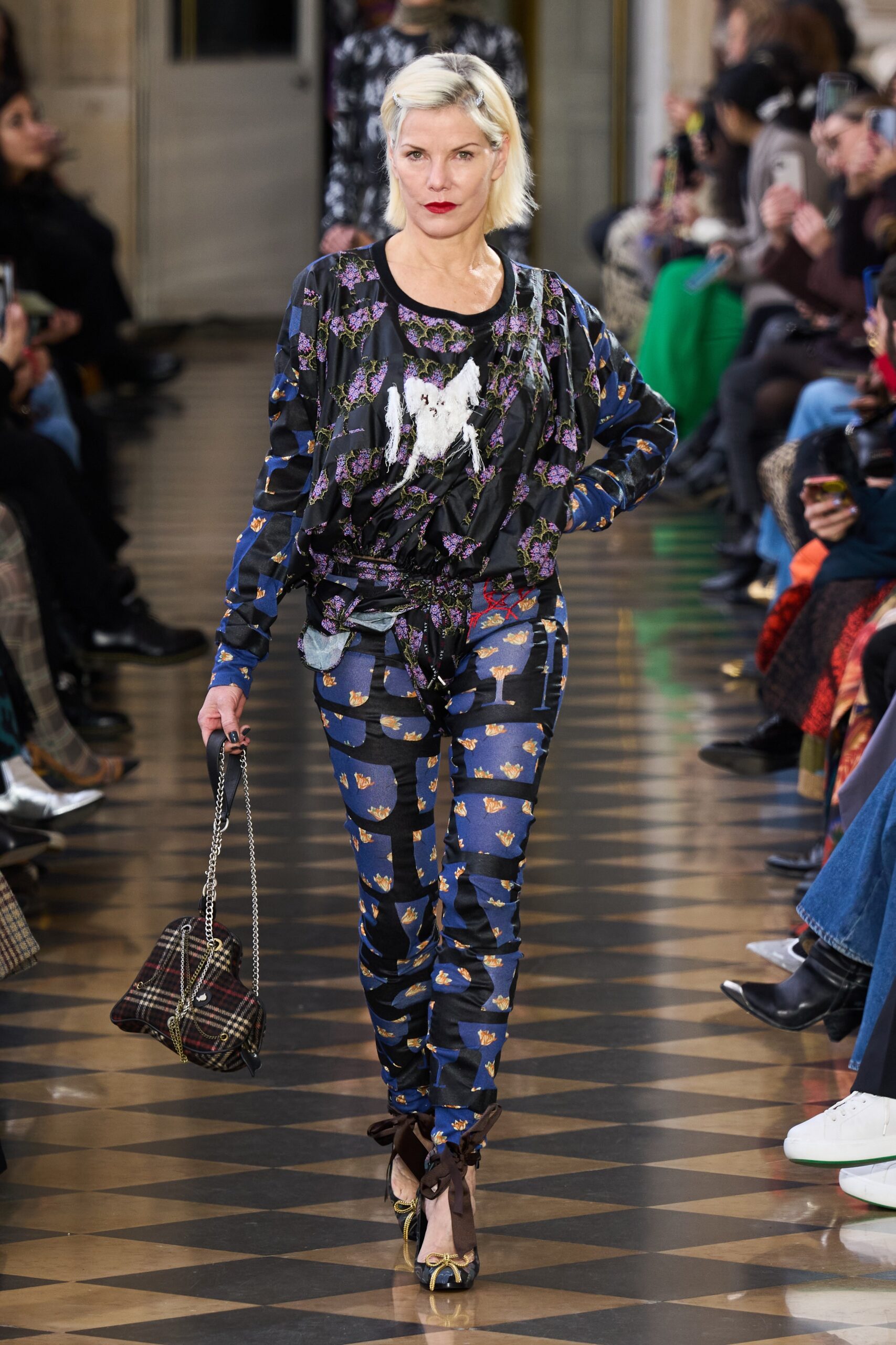 relaxed printed silk top and fitted pants