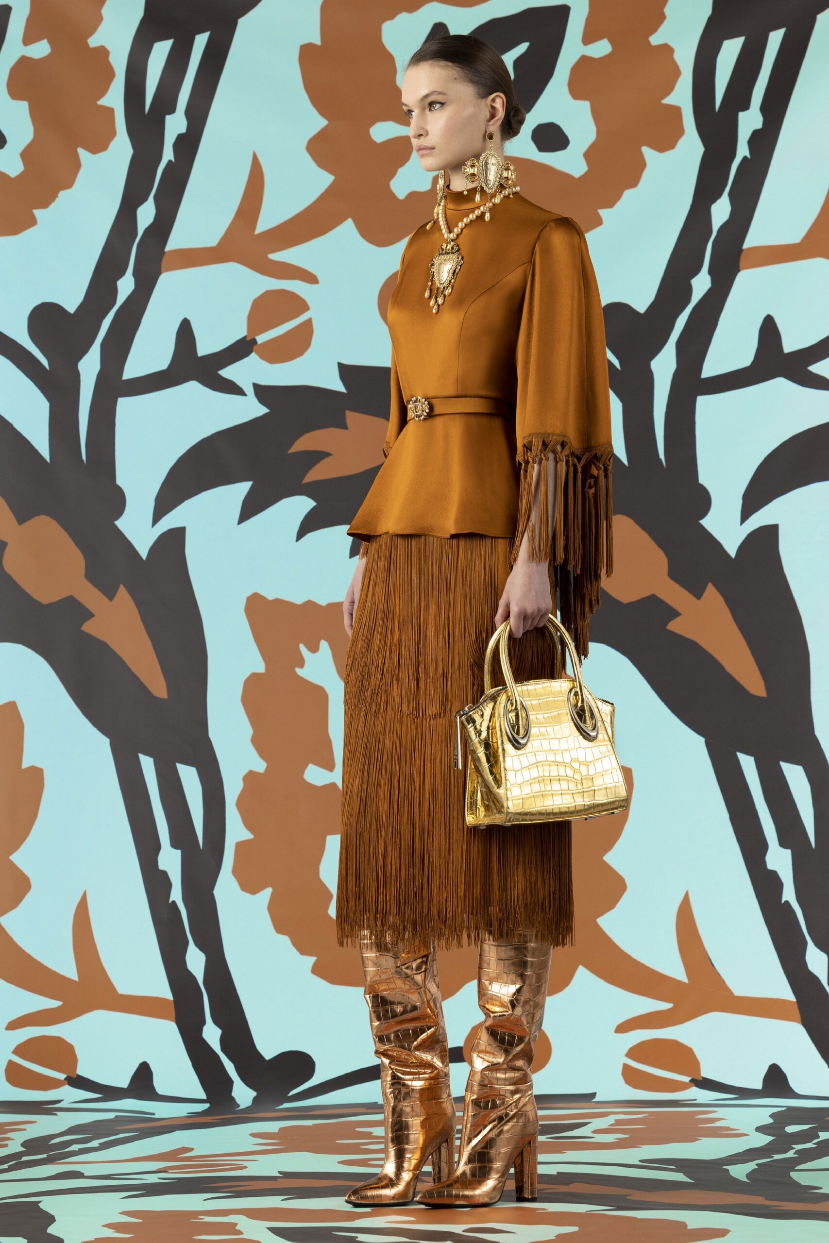 orange fringed silk top and skirt