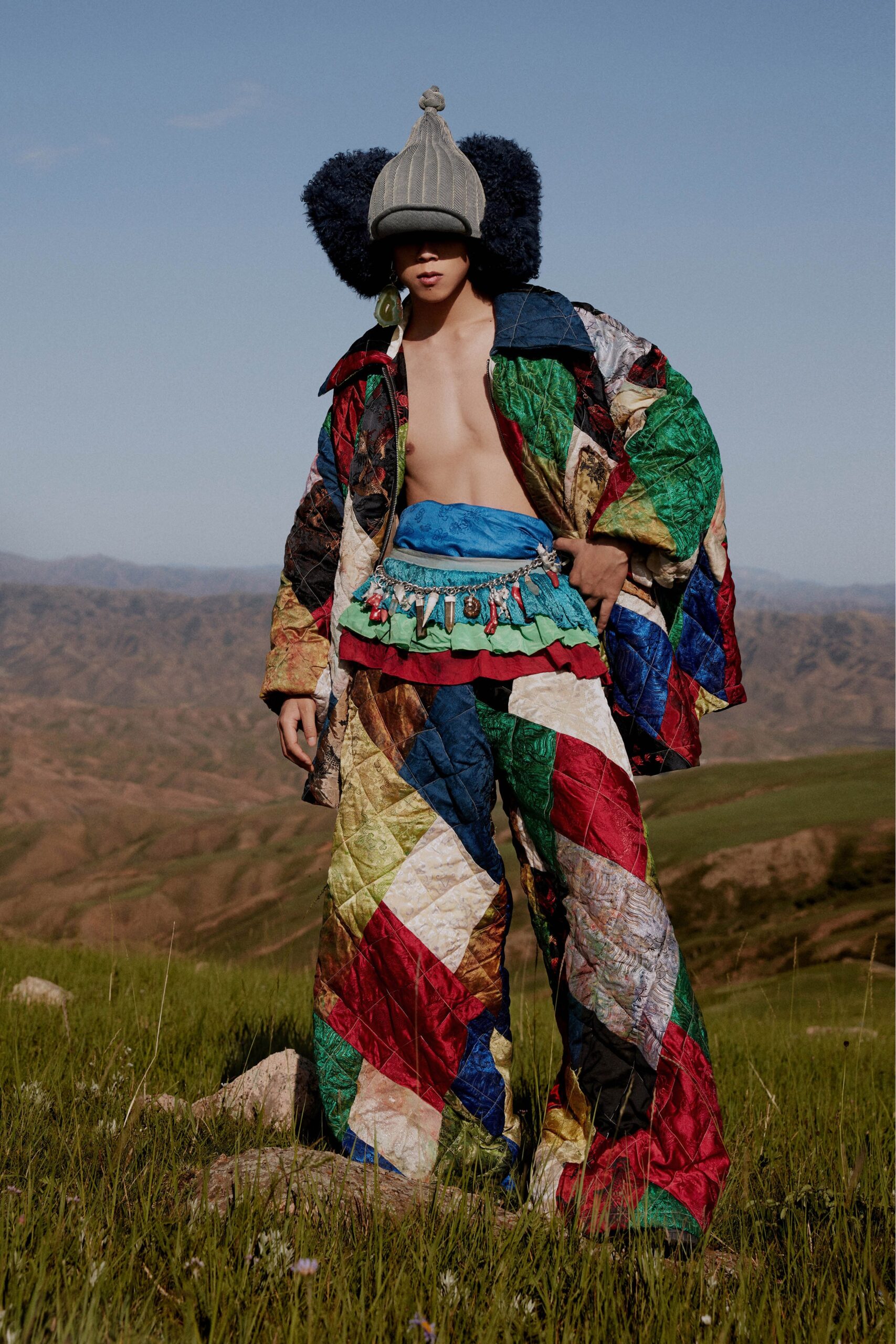 multi silk long-sleeve collared relaxed patchwork jacket