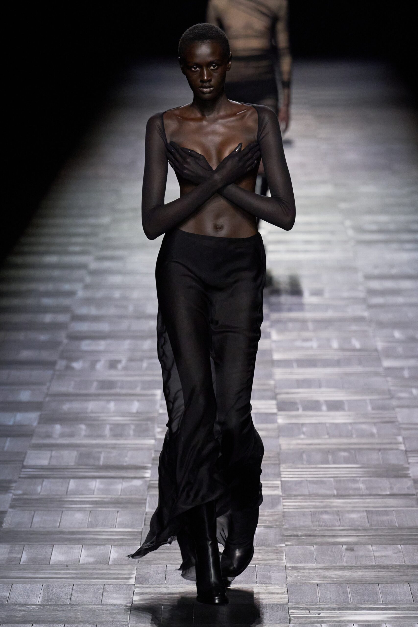 black silk slit fitted high-waisted layered sheer skirt