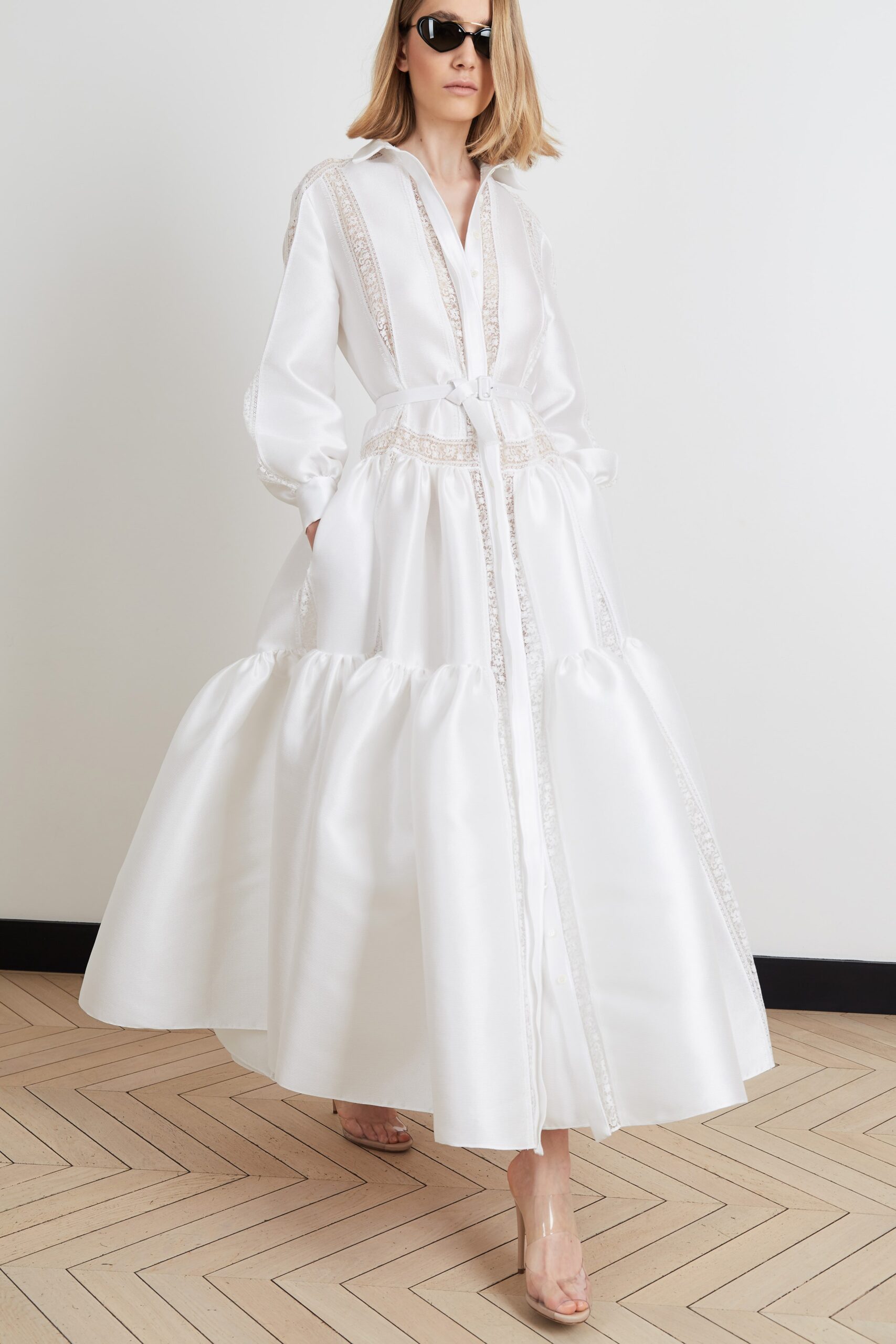 white silk long-sleeve tiered dress