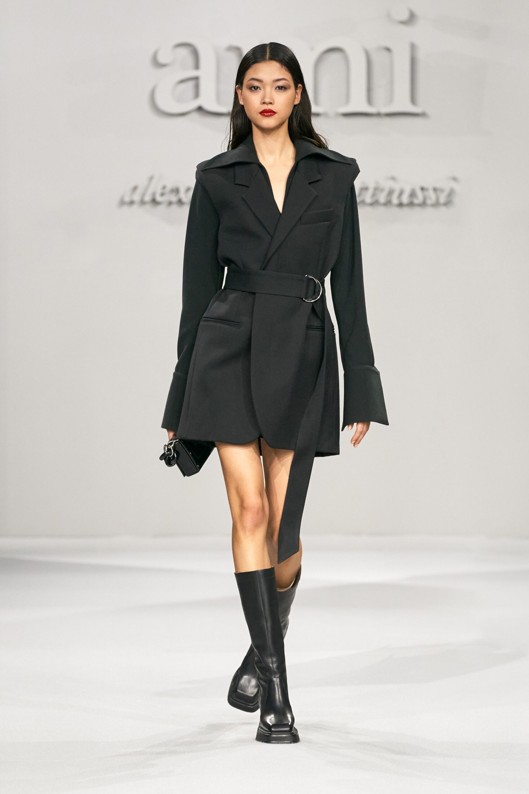 black wool long-sleeve collared fitted belted mini dress