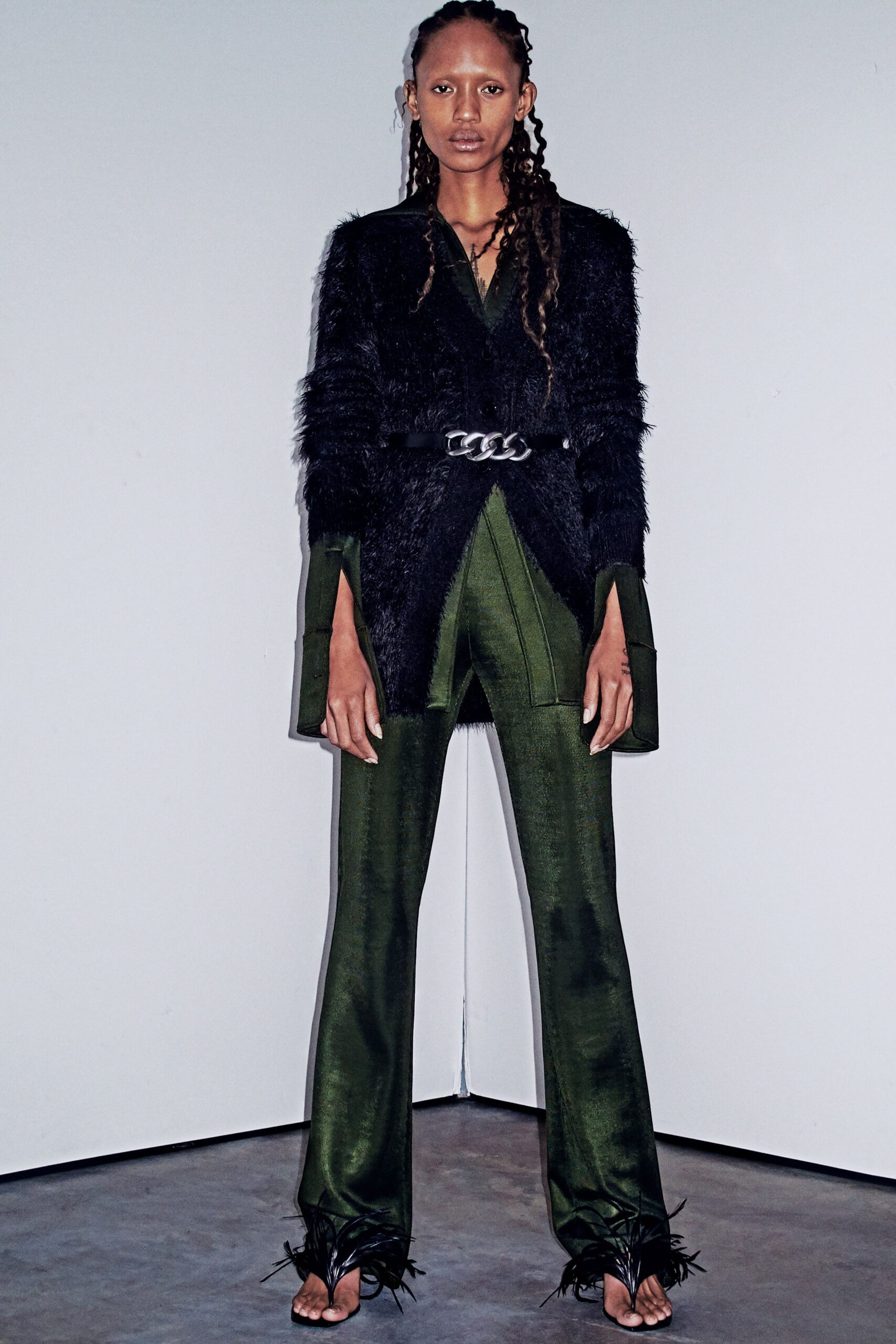 black fur blazer green tailored pants