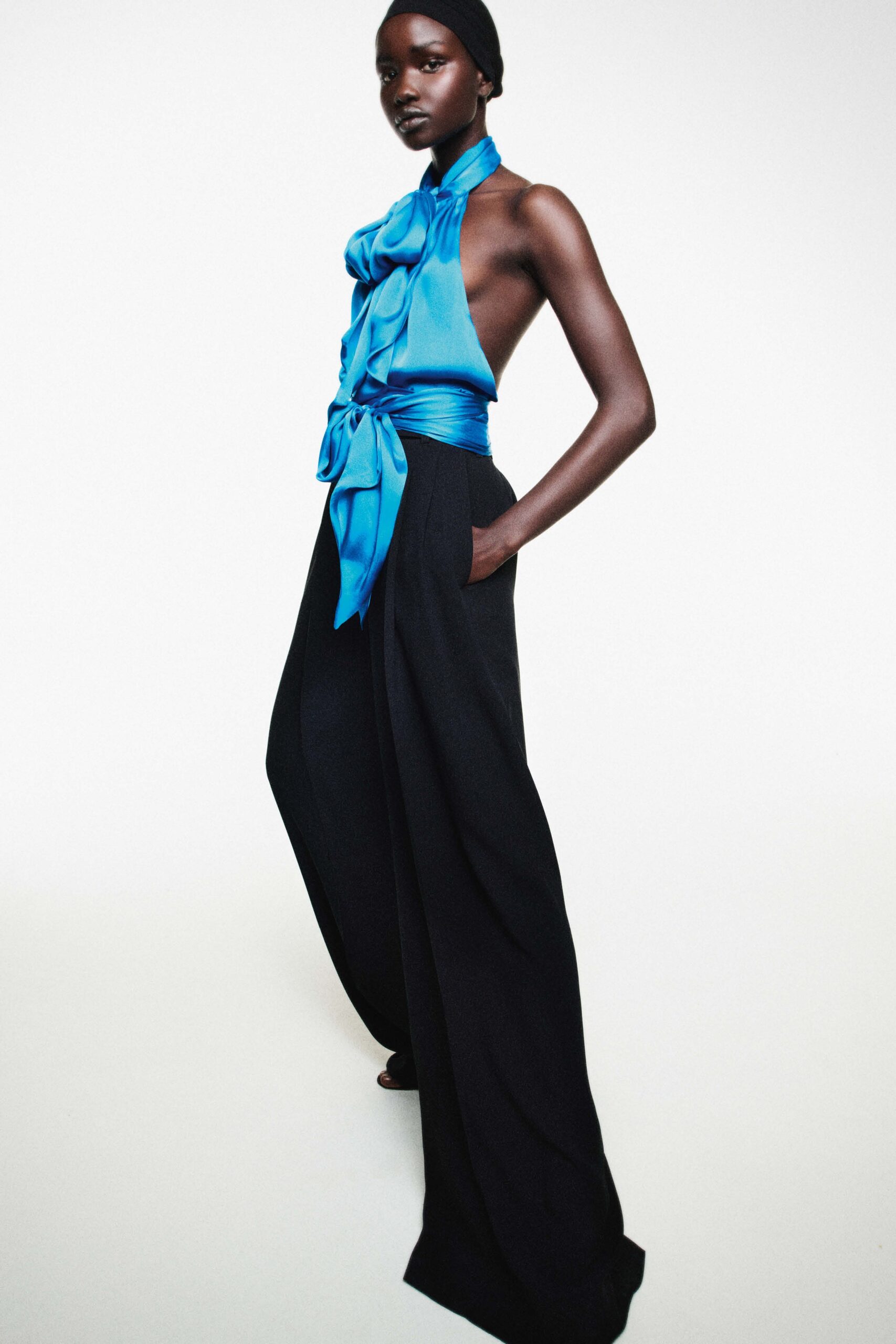 blue silk sleeveless halter fitted draped top
