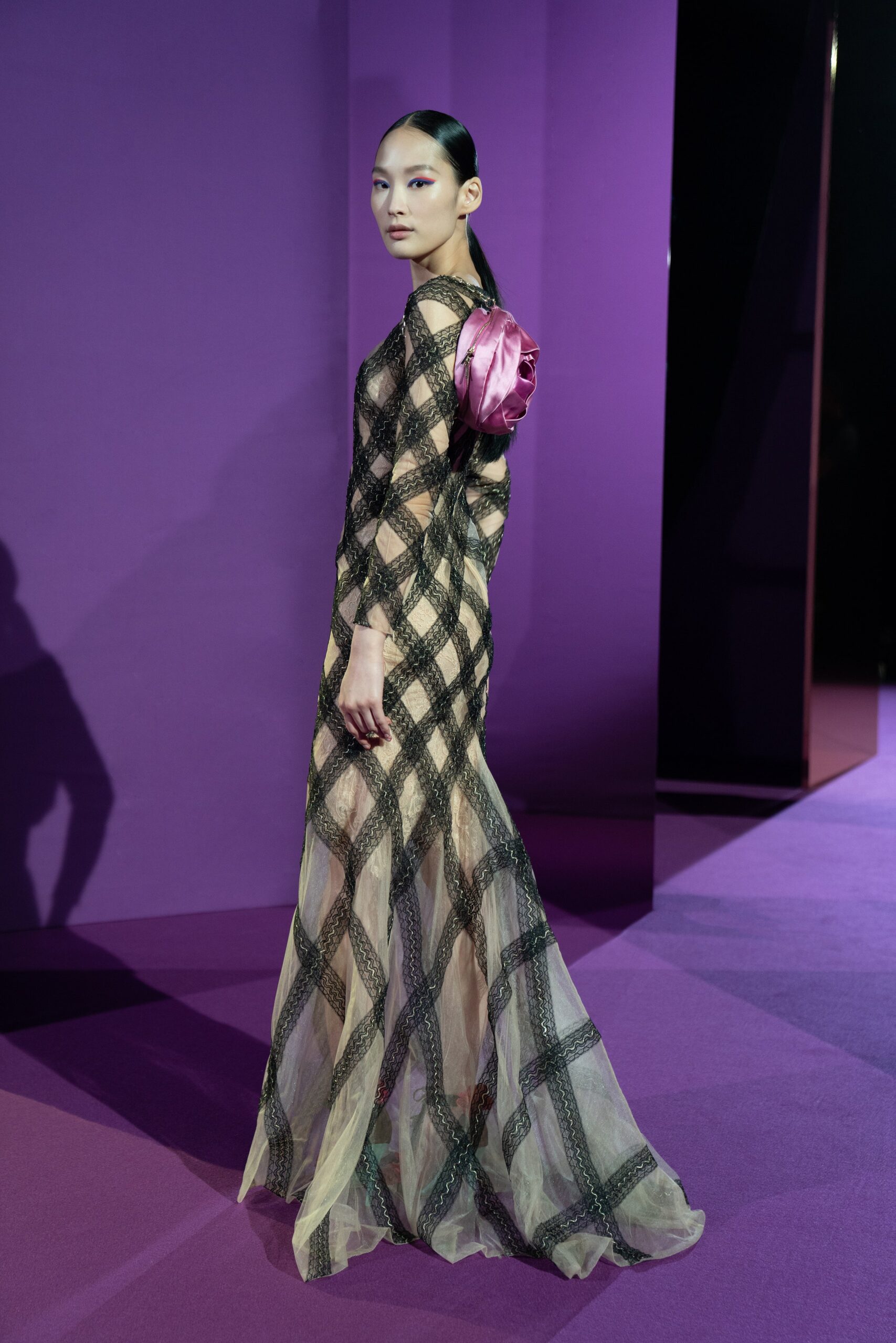 beige and black embroidered gown