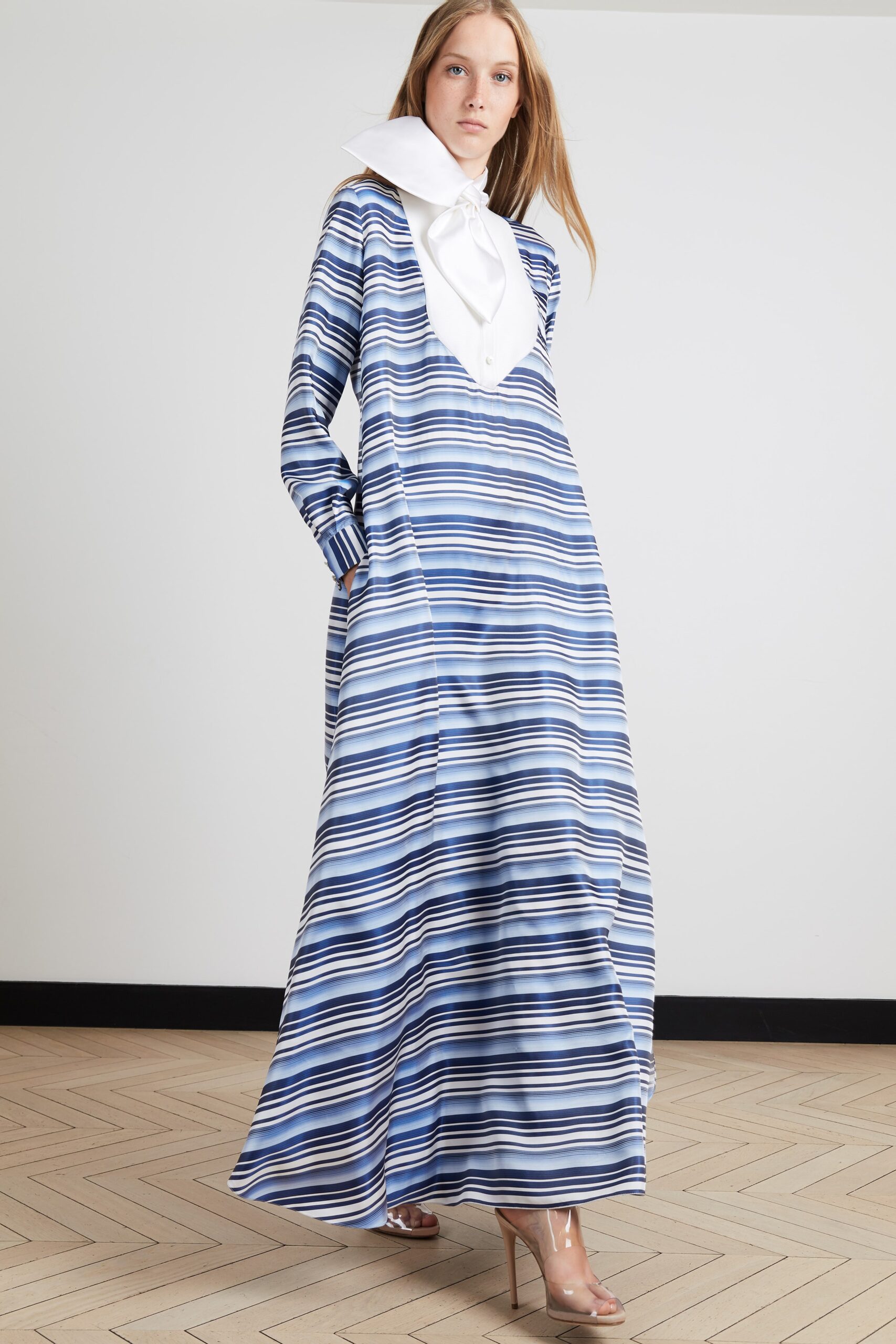 blue and white striped maxi dress