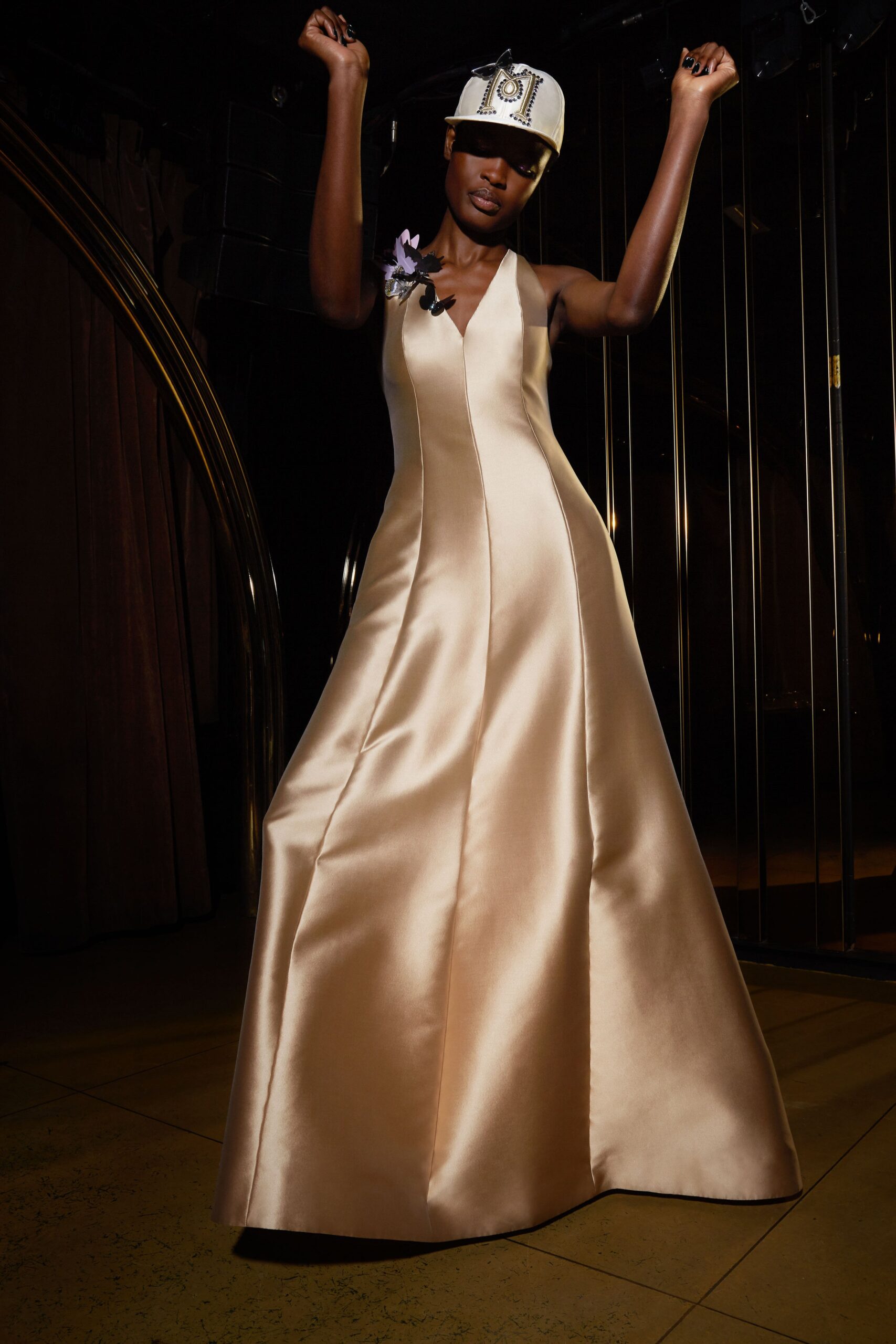 champagne satin sleeveless gown