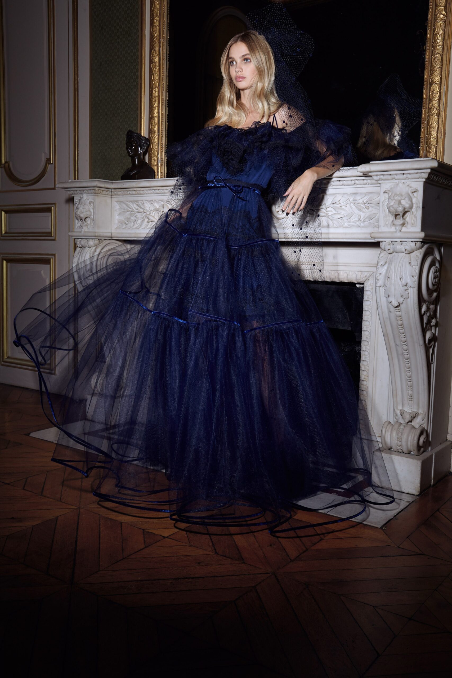 blue tulle off-shoulder gown
