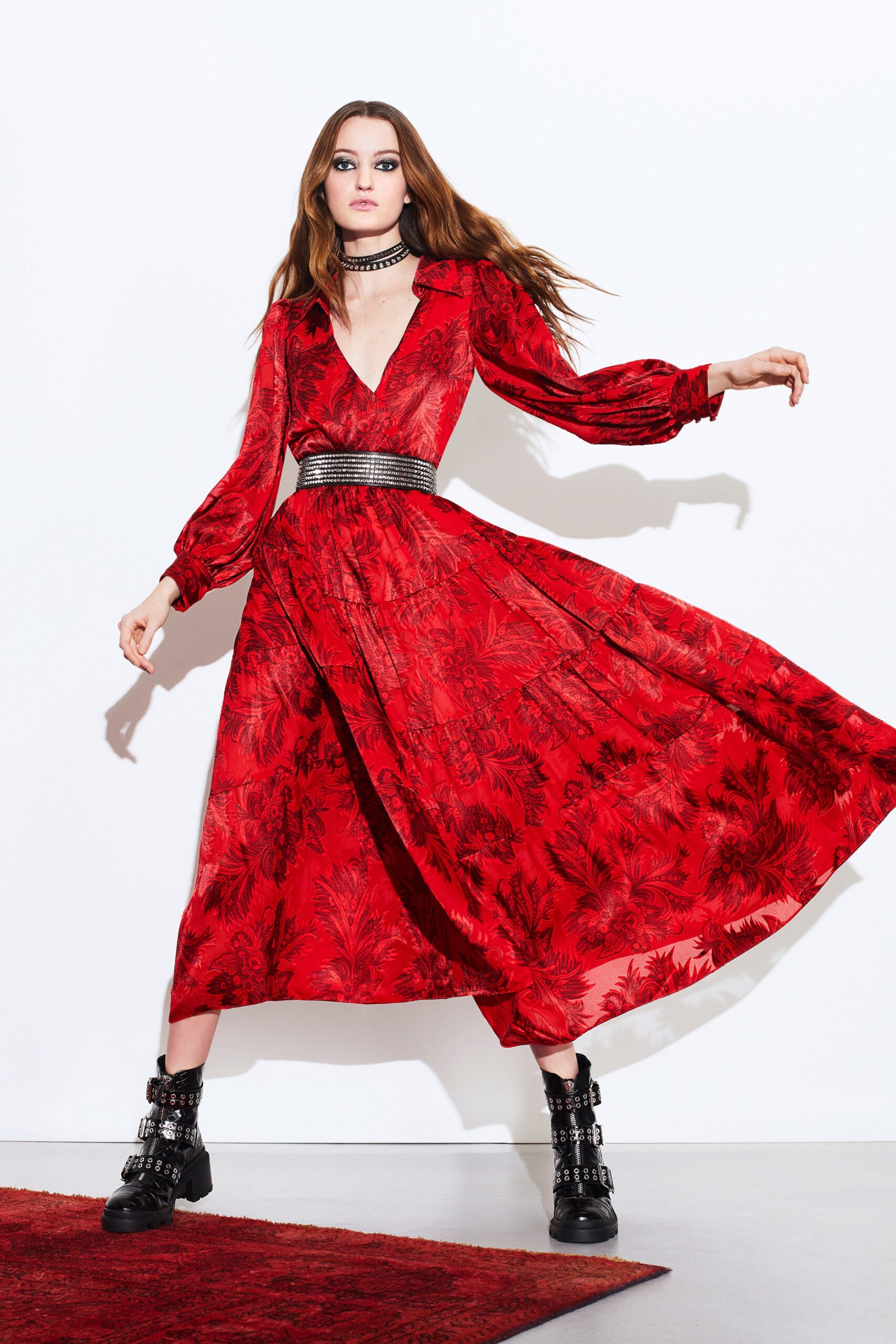 red silk long-sleeve dress