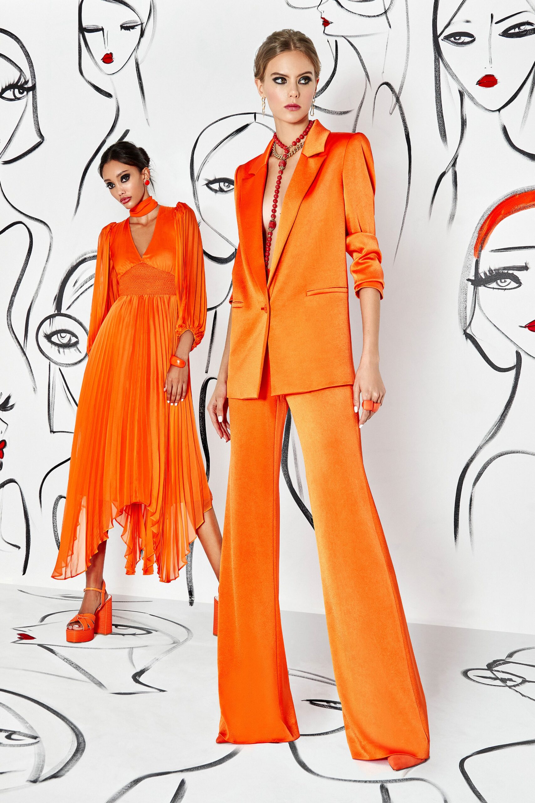 orange silk long-sleeve collared tailored flared suit