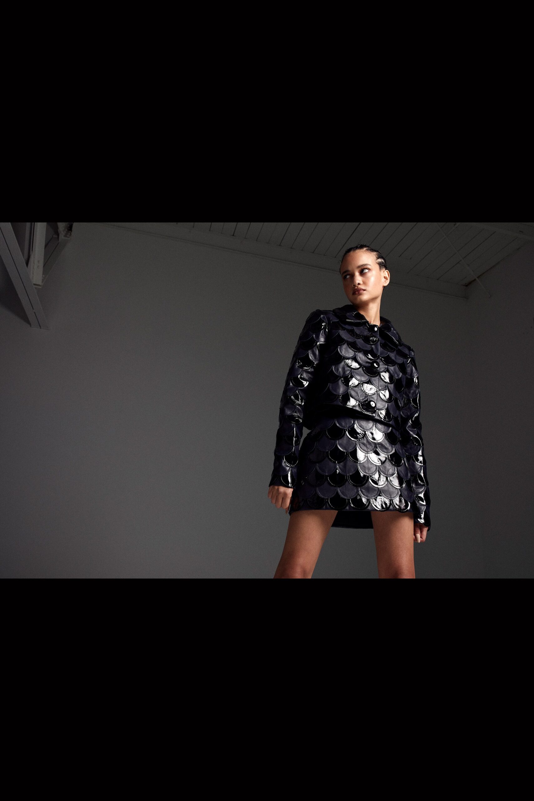 black leather structured embellished shiny textured mini mini-dress