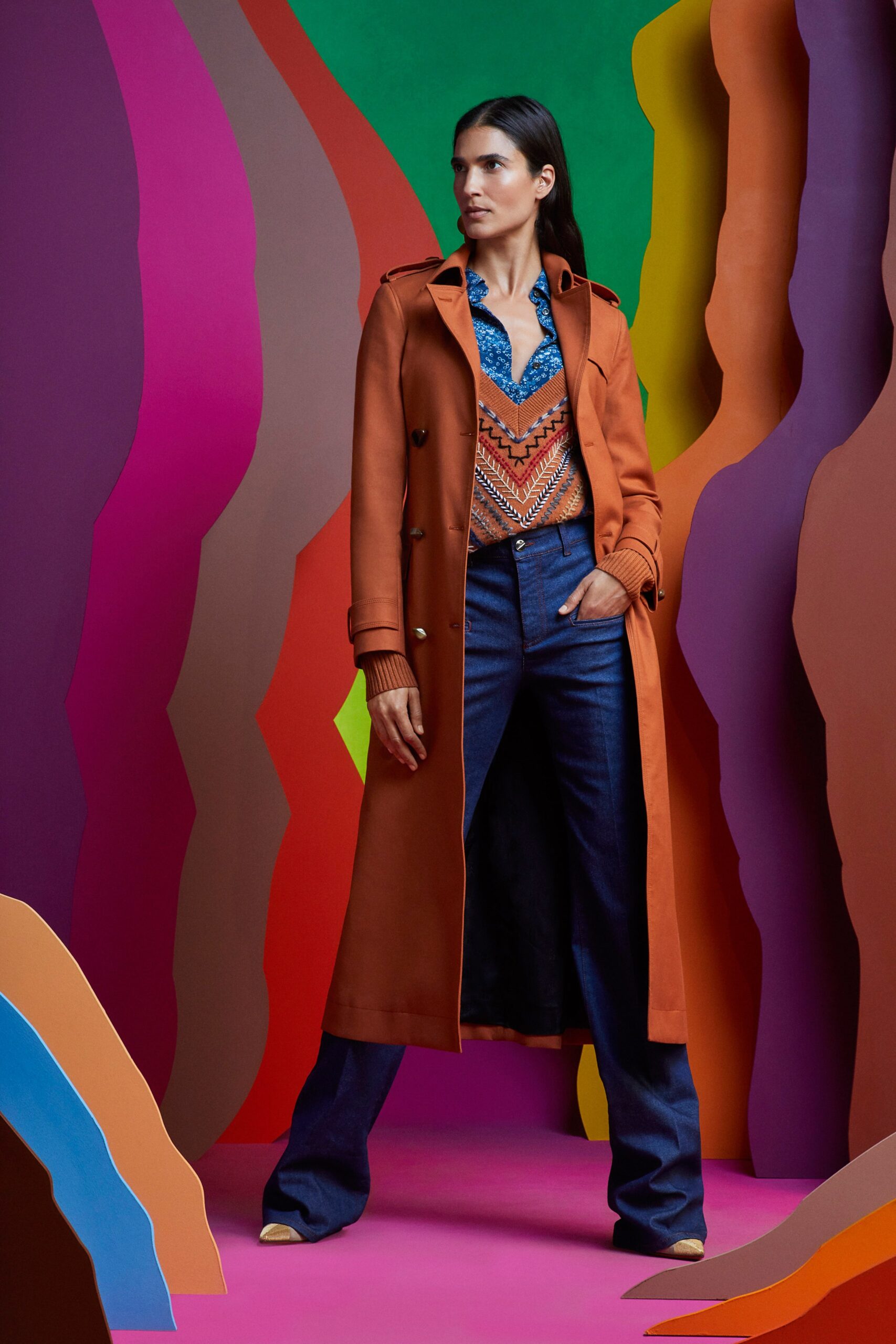 orange wool coat with blue blouse