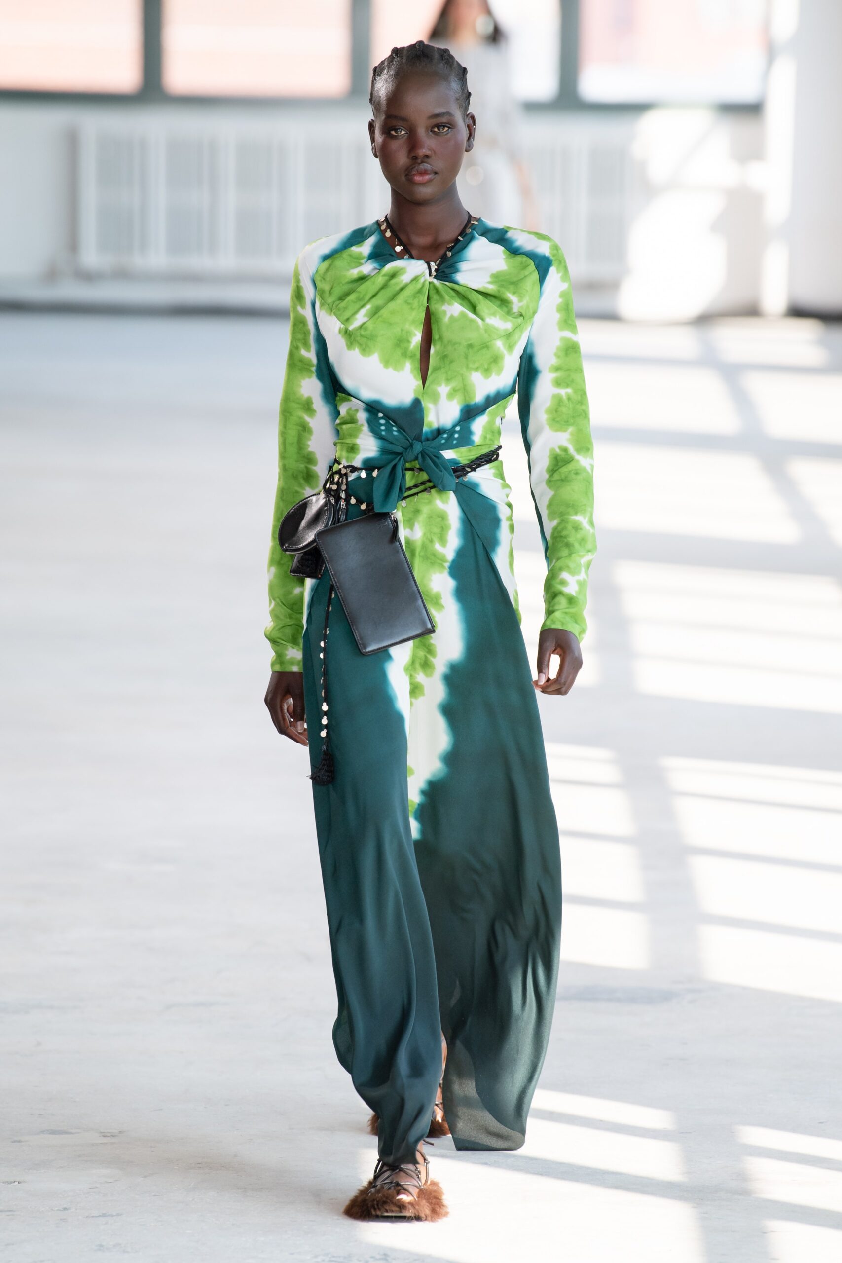 green and blue silk midi dress