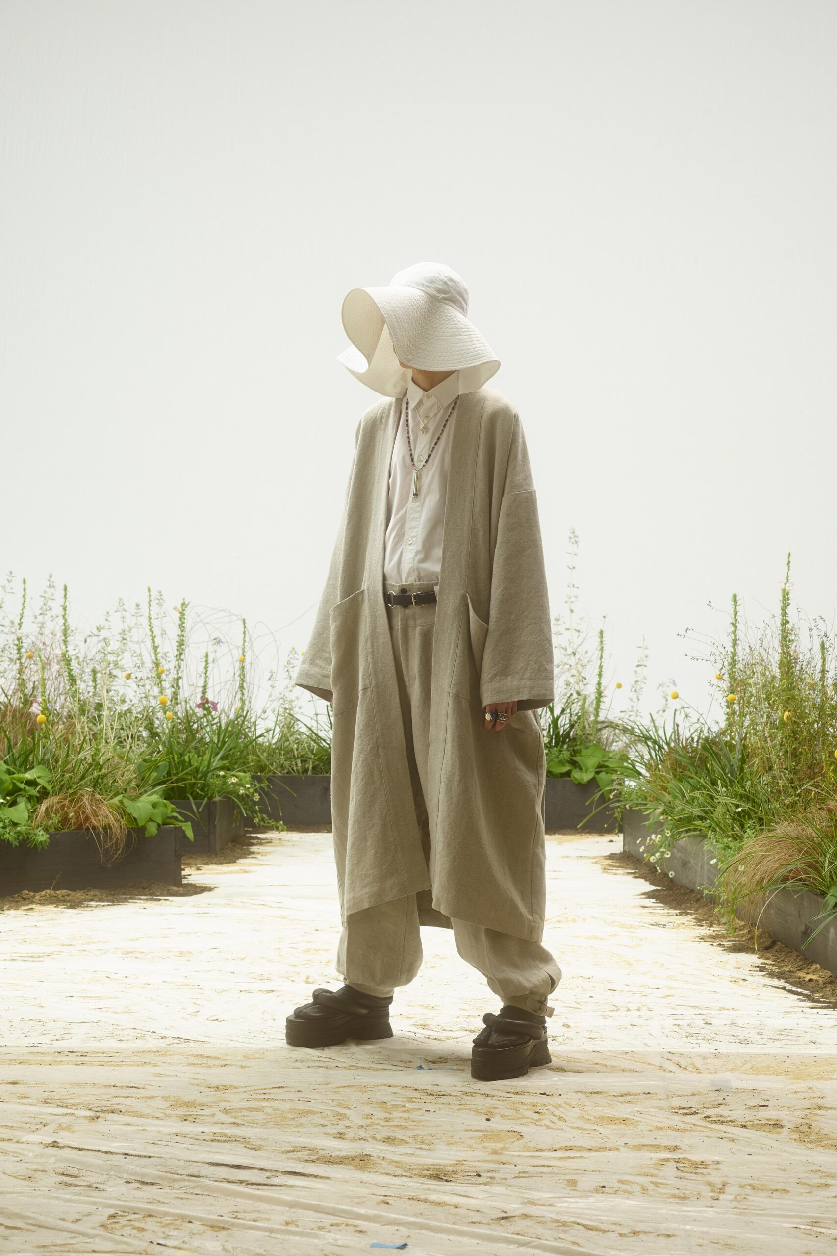 beige linen long-sleeve collared relaxed pockets coat