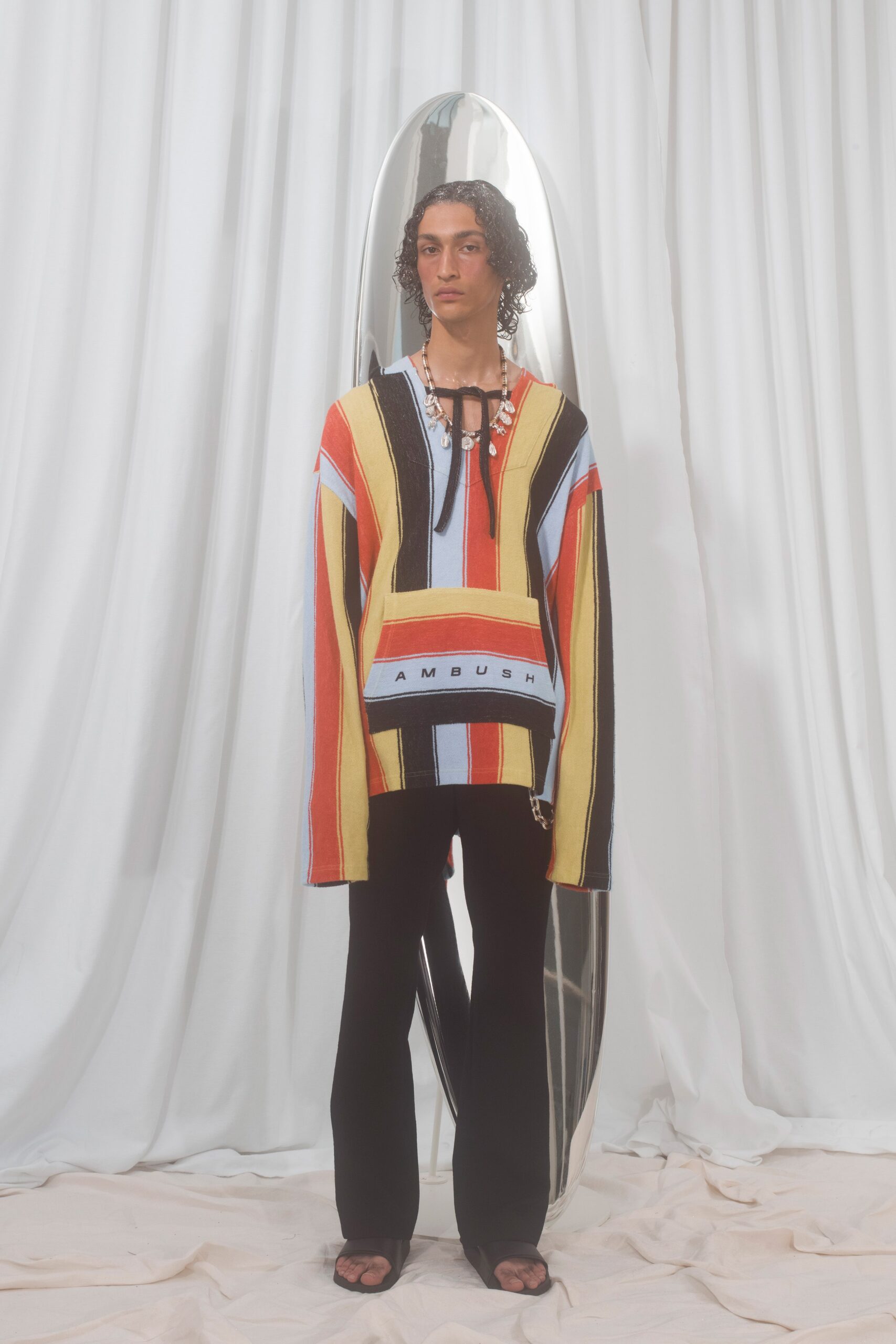 red long-sleeve collared relaxed color-blocked top