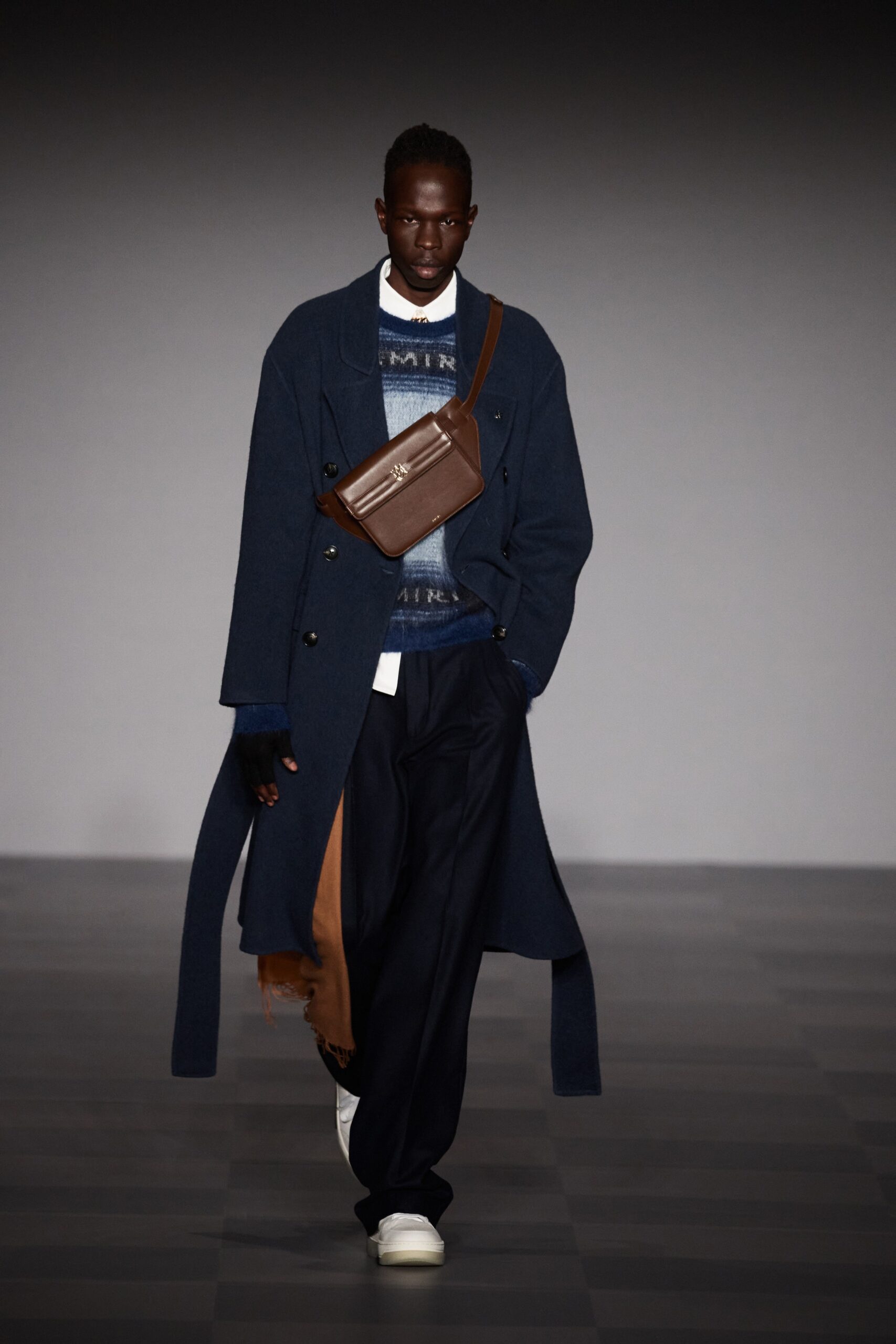 blue wool coat with gray sweater