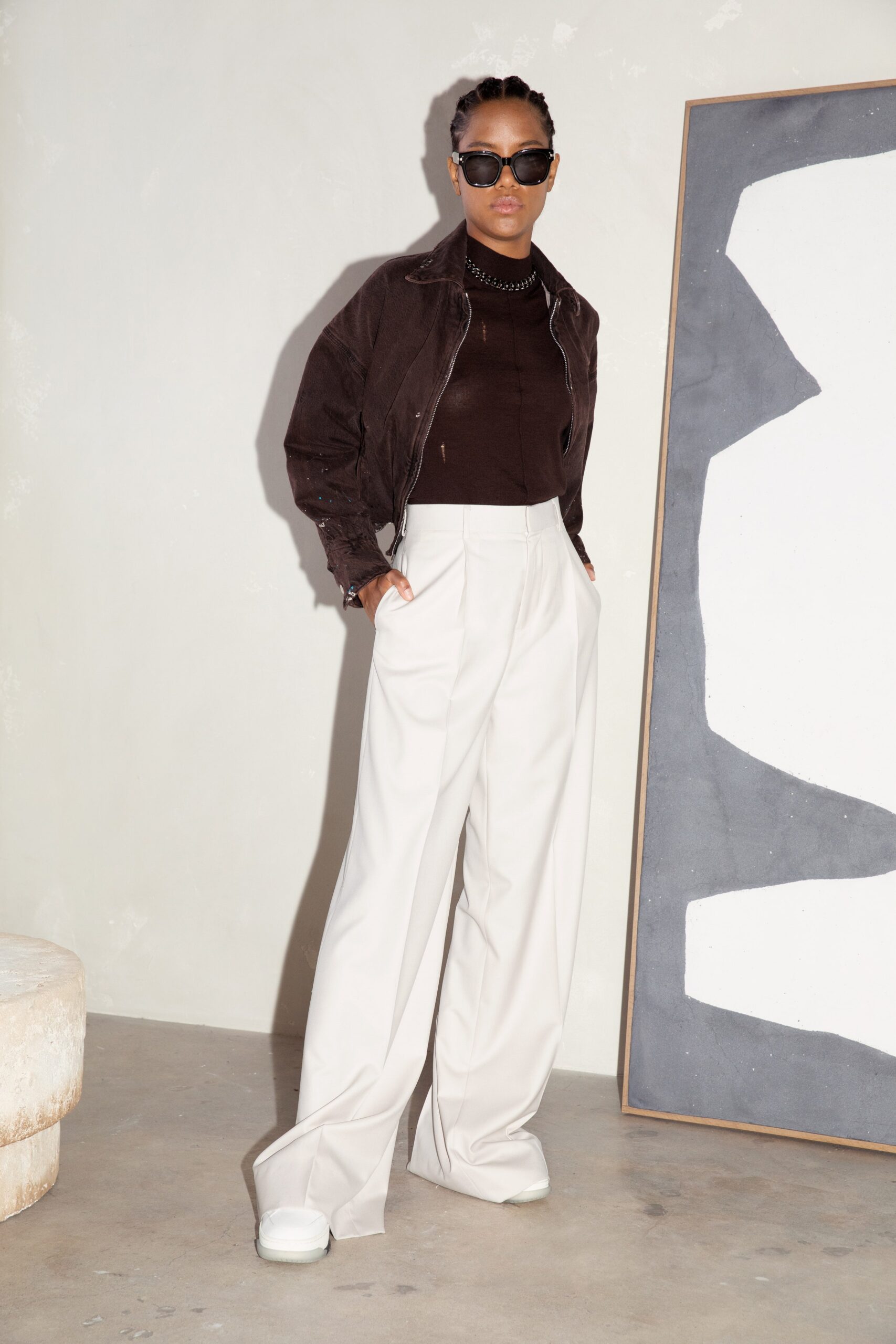brown suede jacket with black top