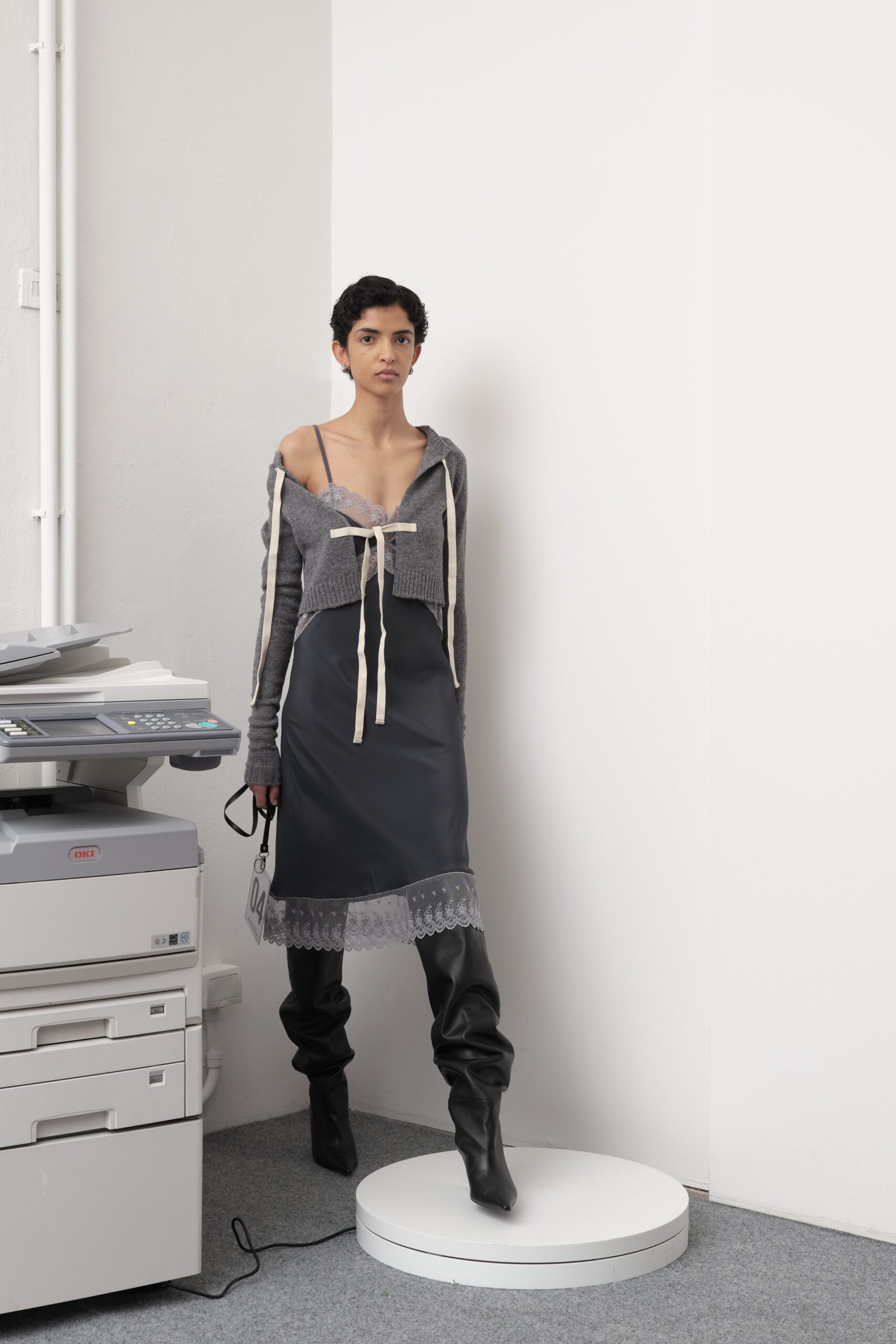 gray silk midi dress with sweater