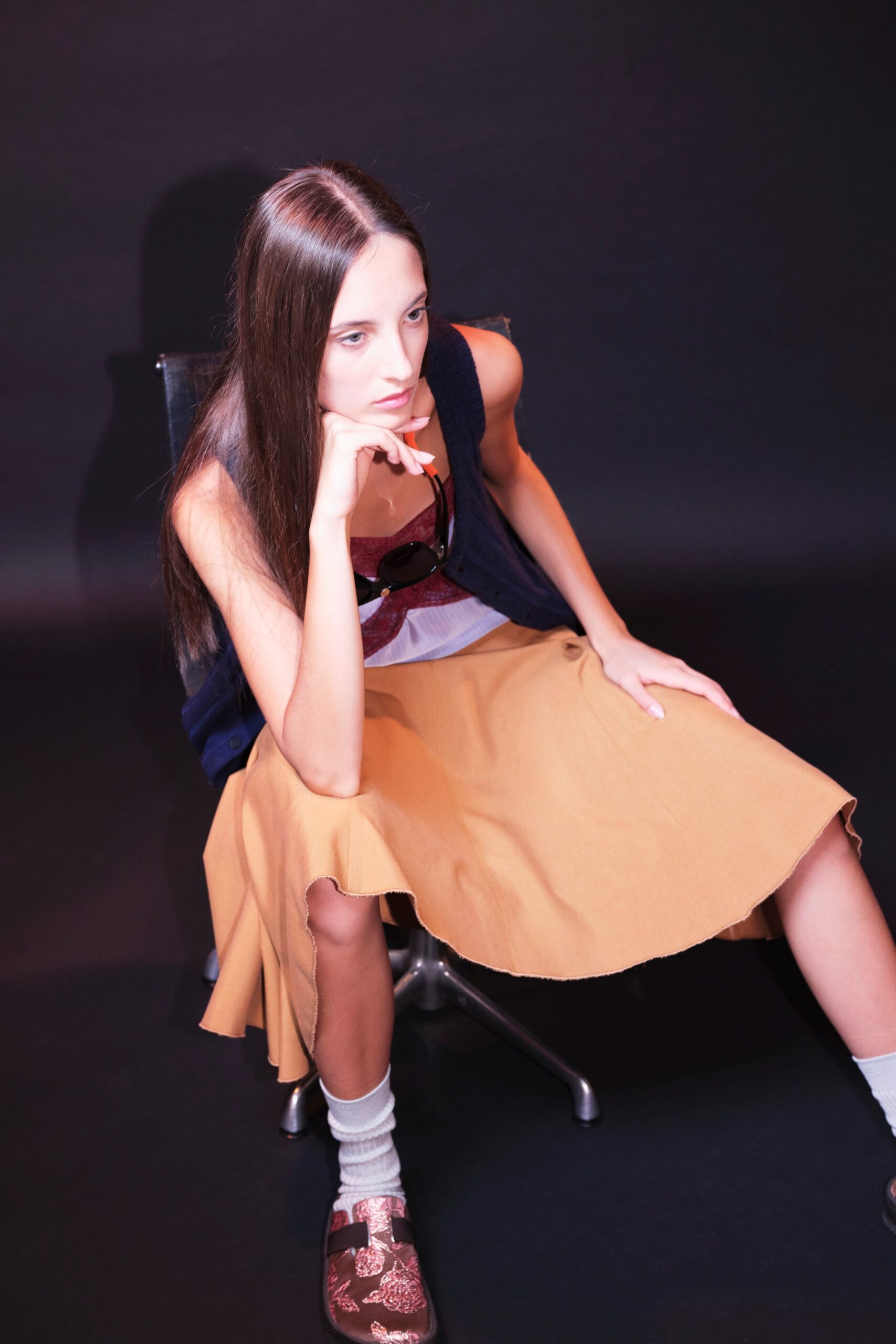 brown cotton asymmetric relaxed flared midi skirt