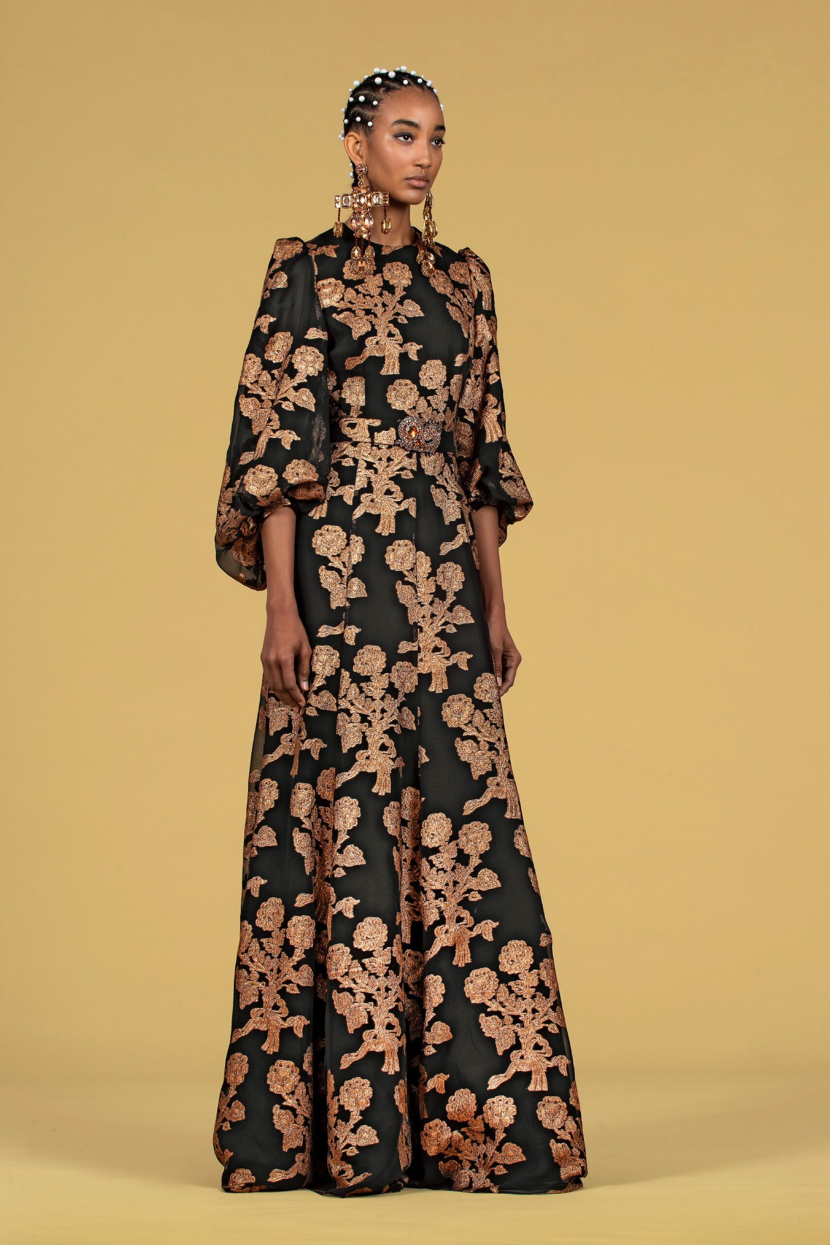 black and gold embroidered gown