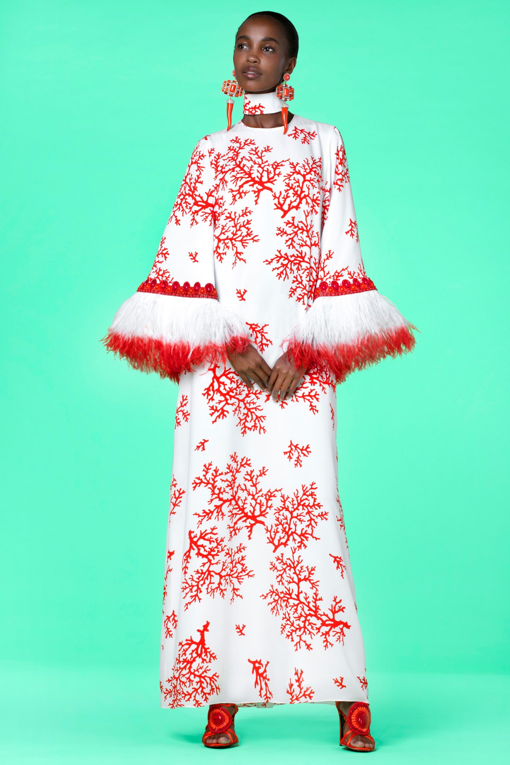 white silk long-sleeve high-neck fitted flared embroidered gown