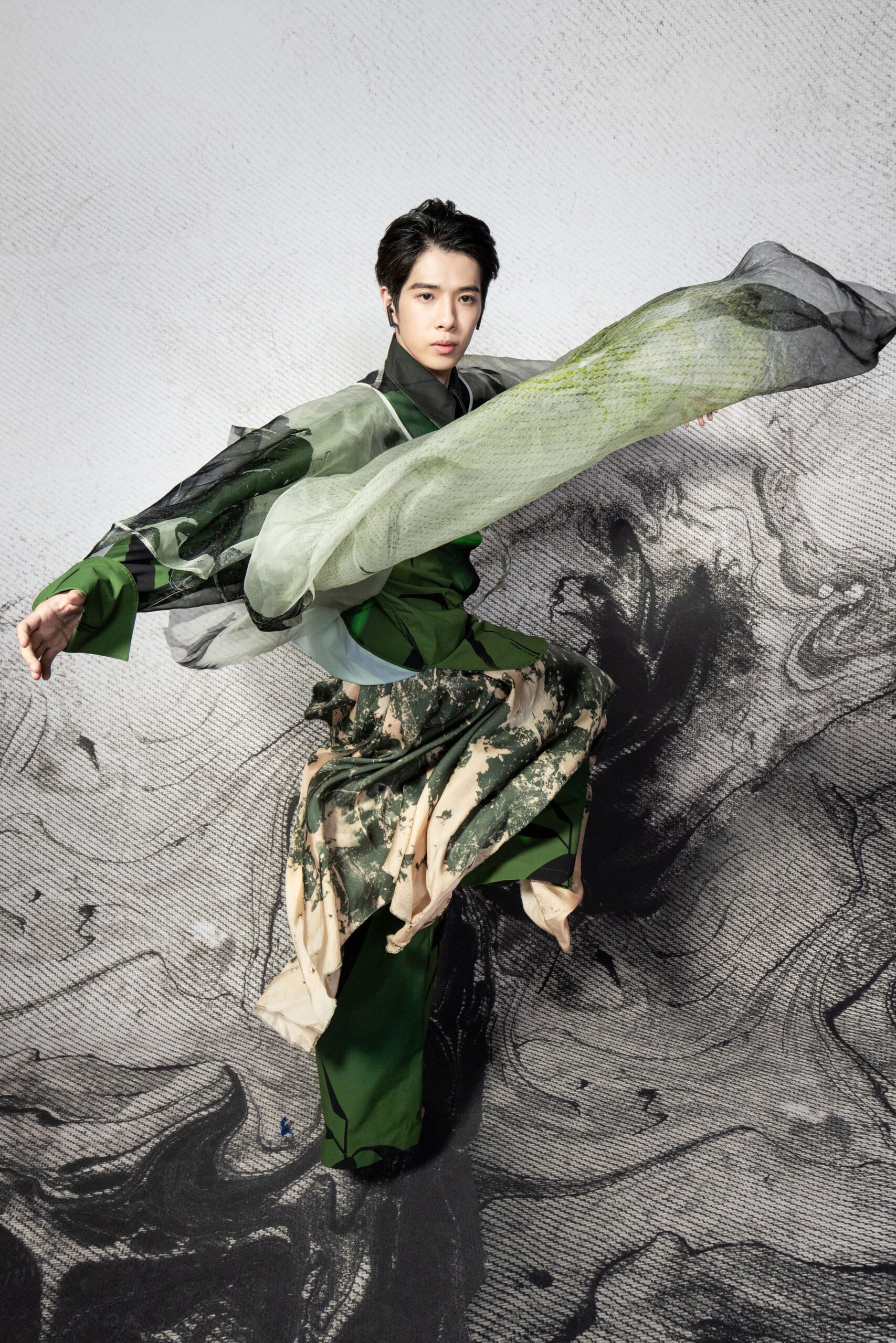 green silk layered dress