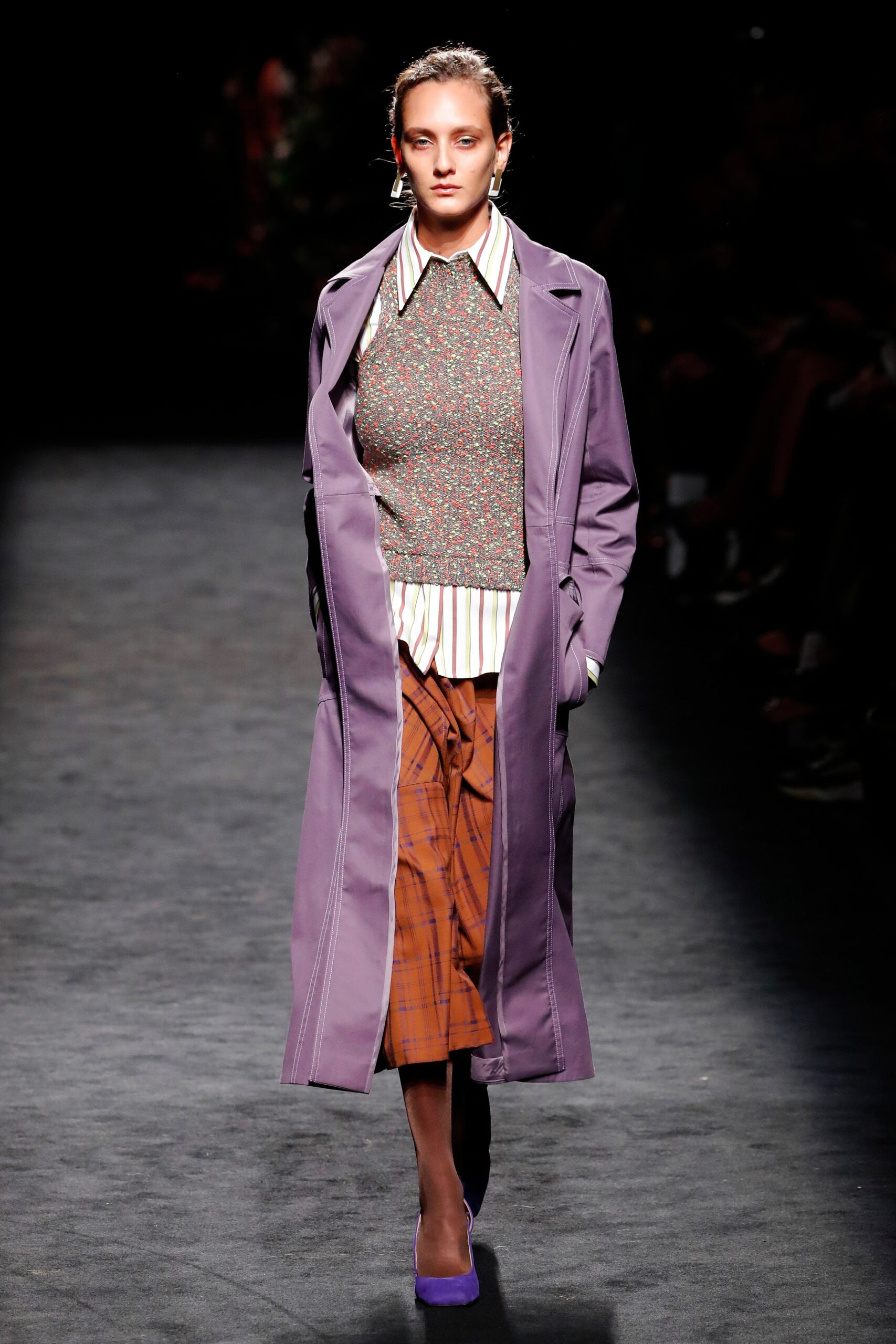 purple coat with layered sweater