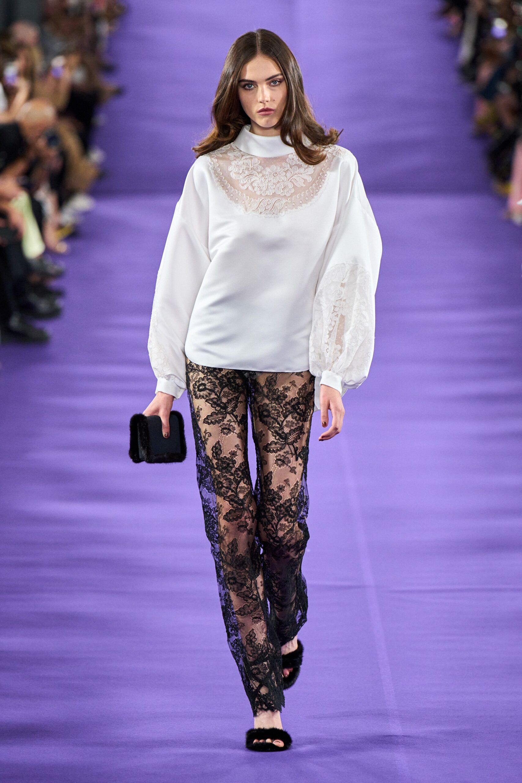 white silk blouse with black lace pants