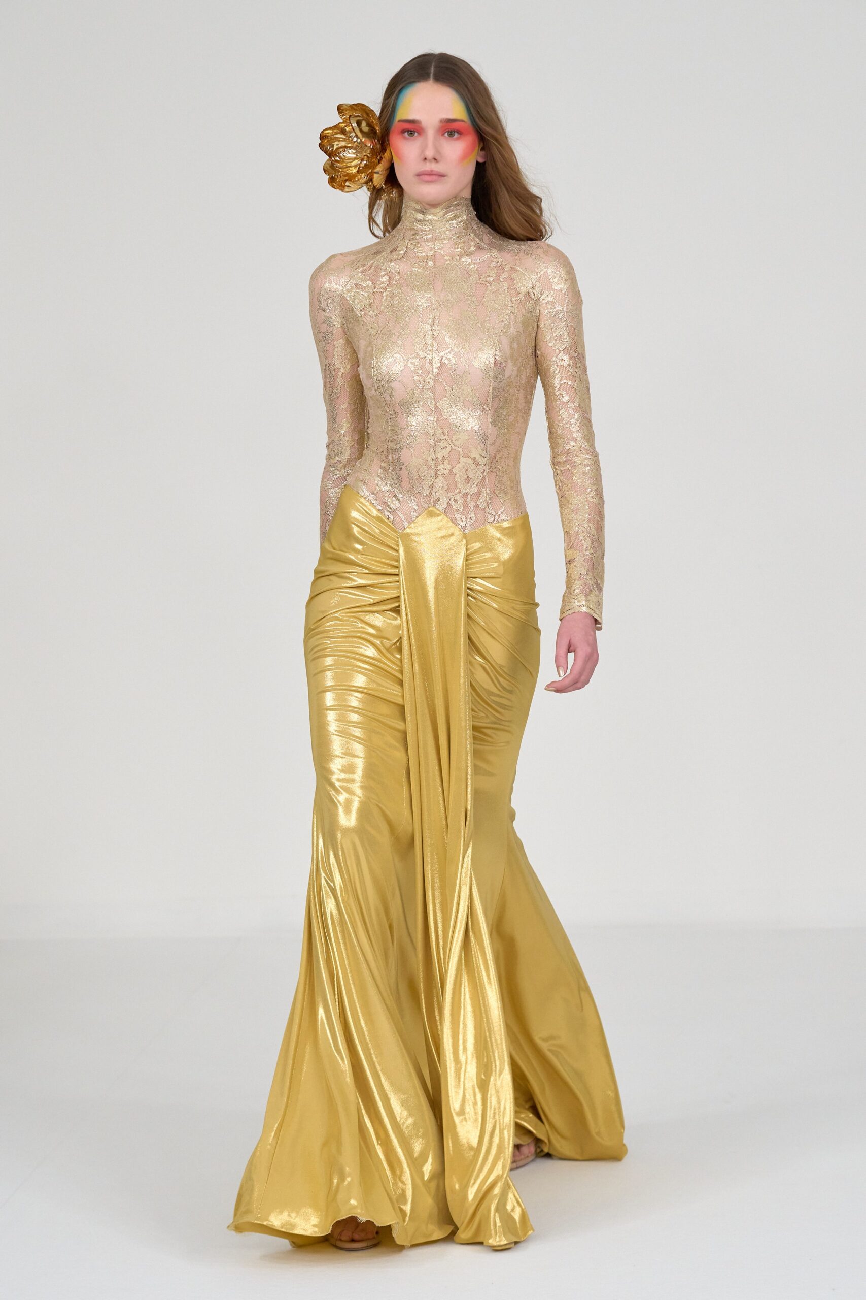 gold silk lace fitted gown