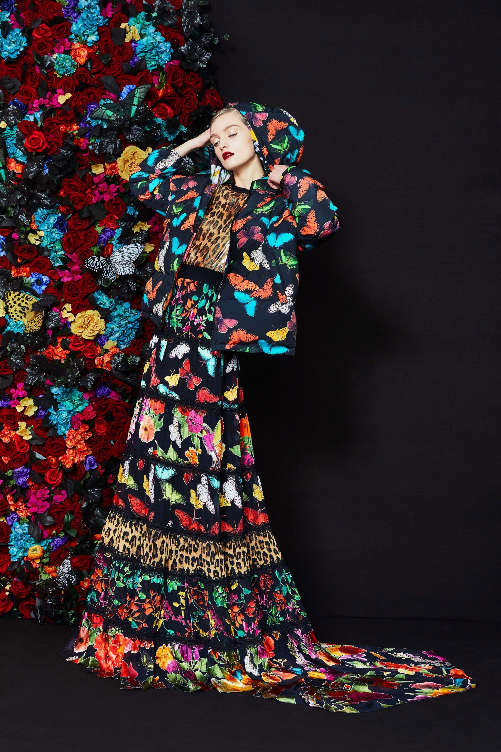 black multi printed jacket and gown